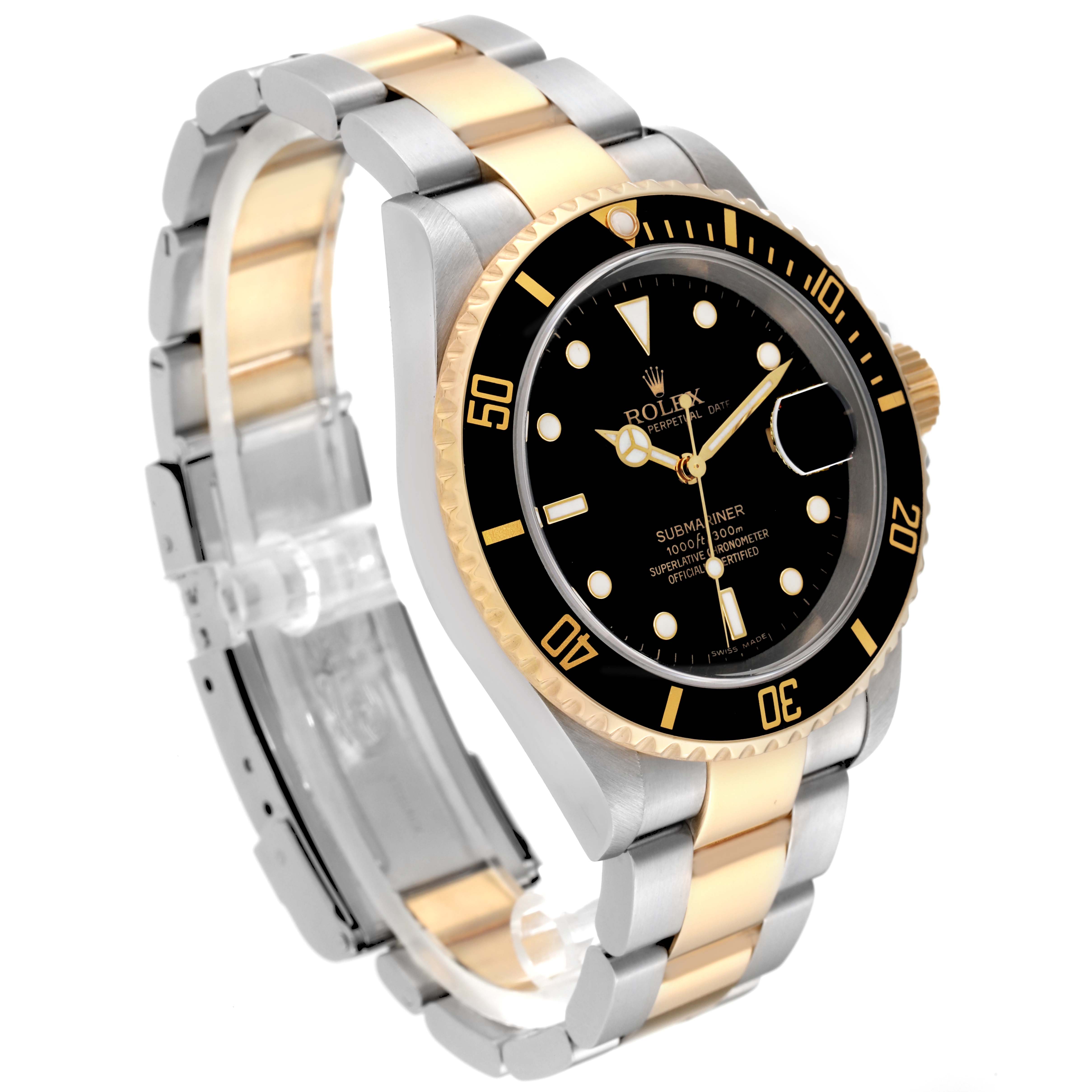 The Rolex Submariner 16613 Men's Steel and Gold (two tone) Black Dial 16613 Men's Steel and Gold (two tone) Black Dial watch is shown at a three-quarter angle, displaying its black dial, gold bezel, and two-tone bracelet.