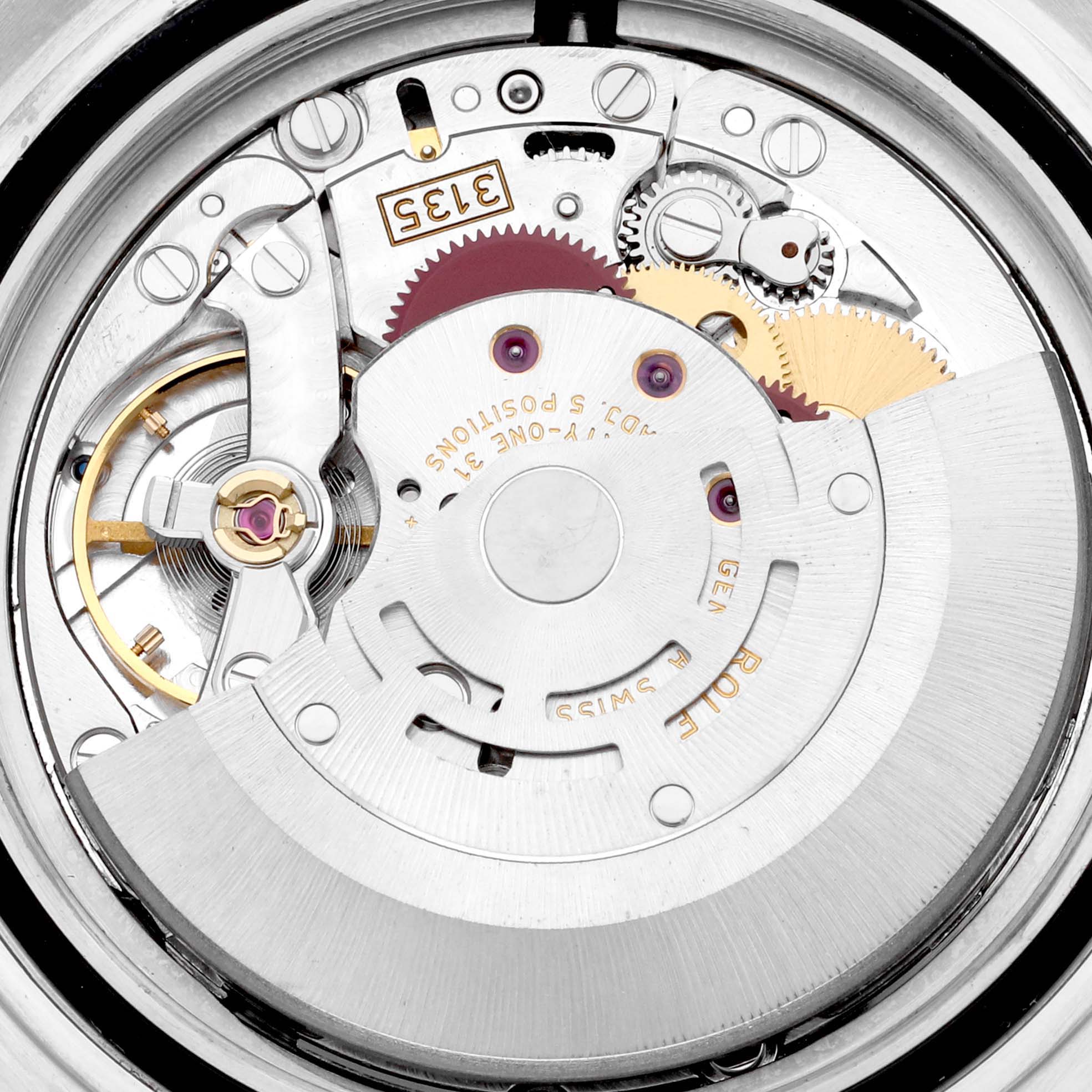 The image shows a close-up view of the movement inside a Rolex Submariner 16613LB Men's Steel and Gold (two tone) Champagne Dial 16613LB Men's Steel and Gold (two tone) Champagne Dial watch.