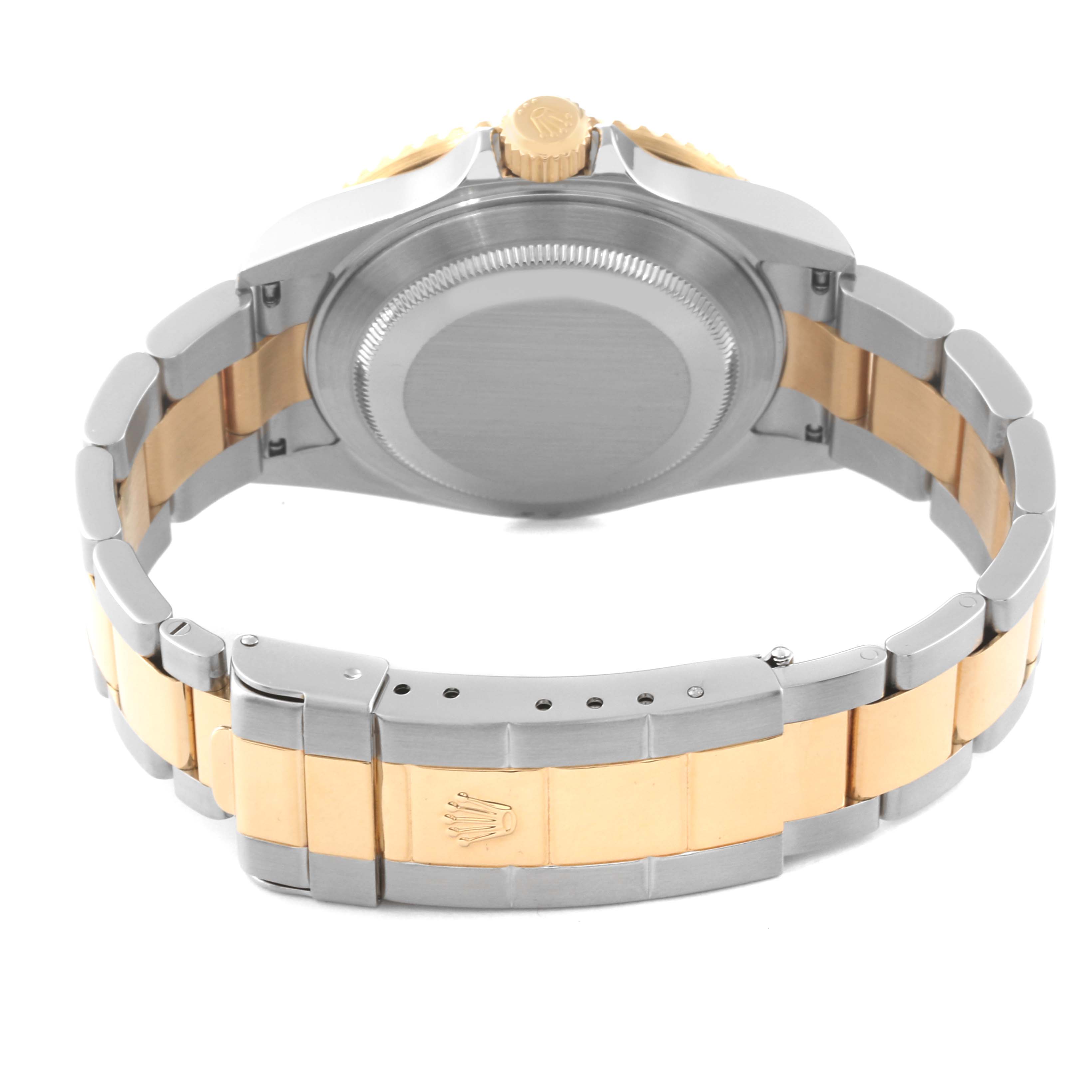 This image shows the back and bracelet of a Rolex Submariner 16613LB Men's Steel and Gold (two tone) Champagne Dial 16613LB Men's Steel and Gold (two tone) Champagne Dial watch, highlighting the clasp and case back.