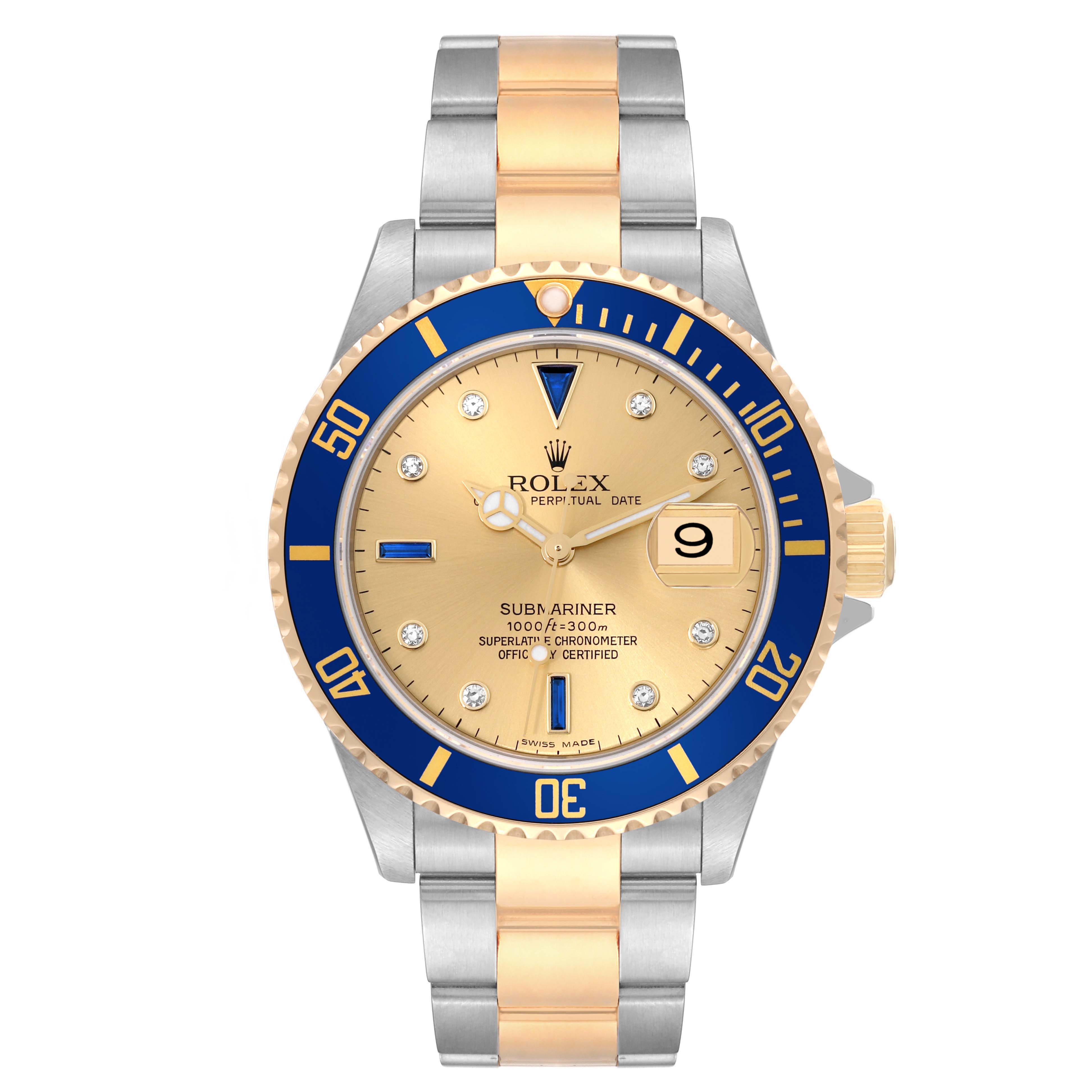 The image shows a Rolex Submariner 16613LB Men's Steel and Gold (two tone) Champagne Dial 16613LB Men's Steel and Gold (two tone) Champagne Dial watch photographed from a top-down angle, highlighting its face, bezel, and bracelet.