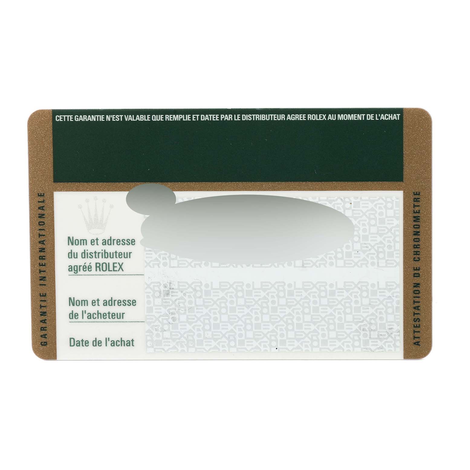 This image shows the international warranty card for a Rolex Submariner 16613LB Men's Steel and Gold (two tone) Champagne Dial 16613LB Men's Steel and Gold (two tone) Champagne Dial watch.