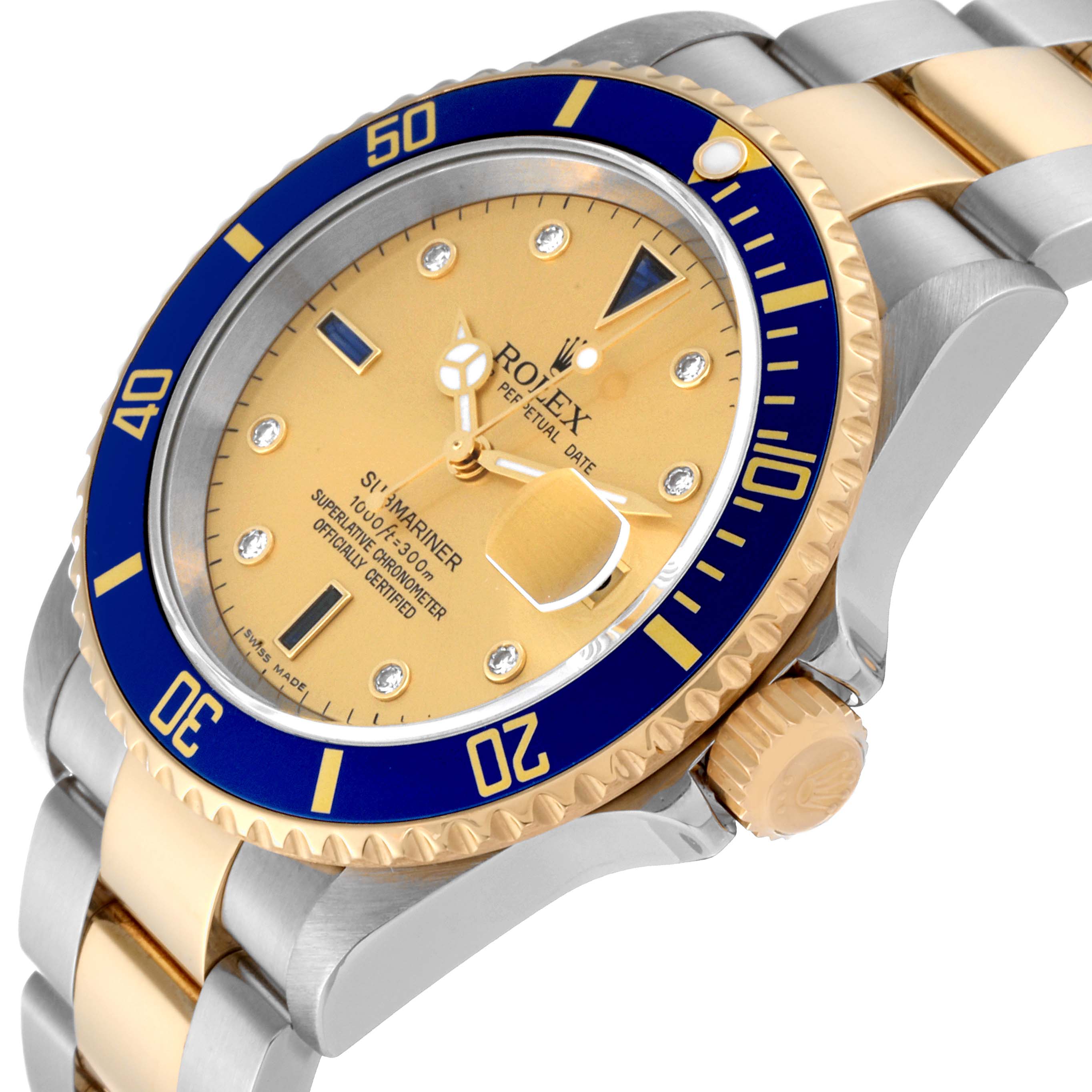 This image shows a close-up angle of the Rolex Submariner 16613LB Men's Steel and Gold (two tone) Champagne Dial 16613LB Men's Steel and Gold (two tone) Champagne Dial watch, focusing on its blue bezel, gold dial, and two-tone bracelet.