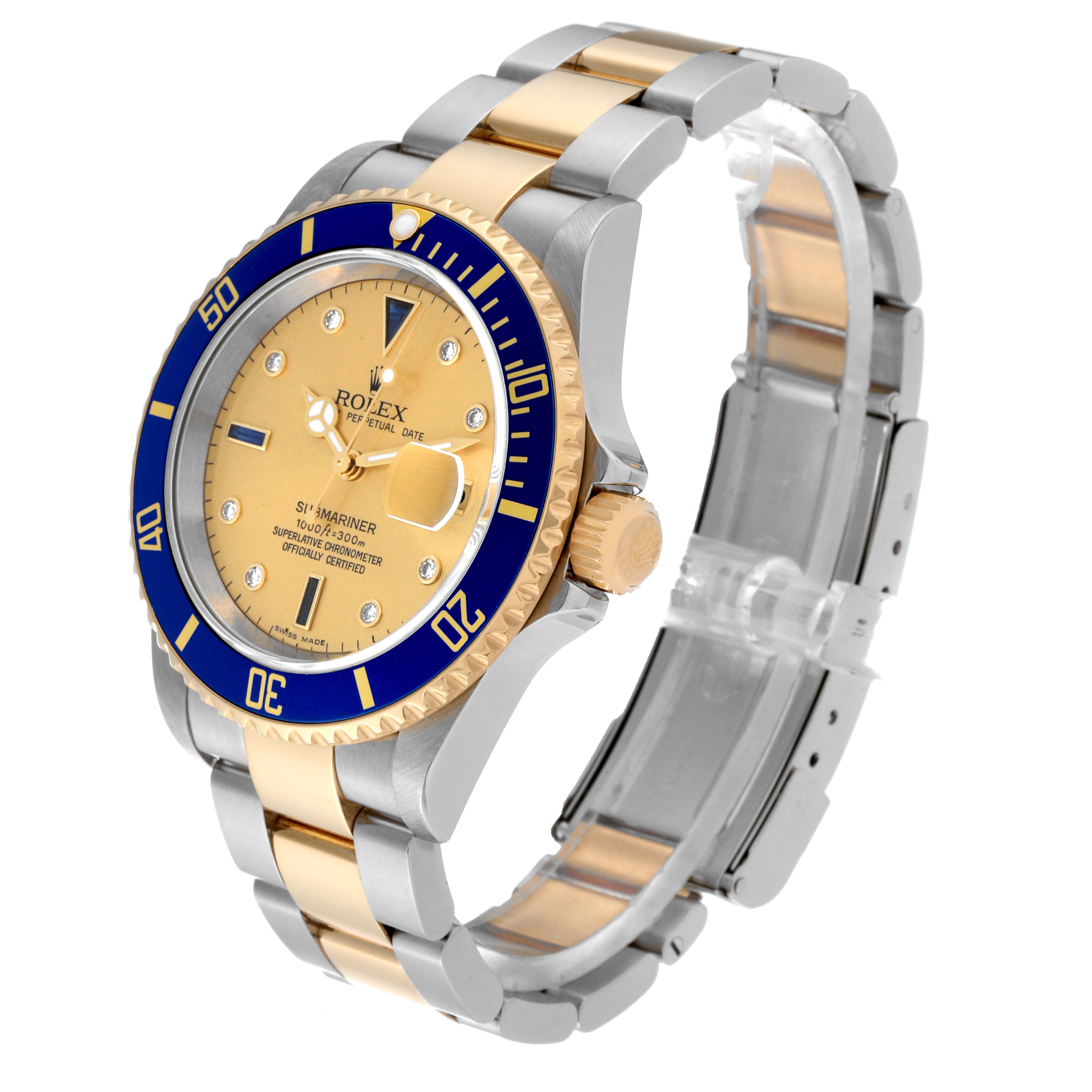 This image shows a front and side view of a Rolex Submariner 16613LB Men's Steel and Gold (two tone) Champagne Dial 16613LB Men's Steel and Gold (two tone) Champagne Dial watch, highlighting its bezel, crown, and two-toned bracelet.