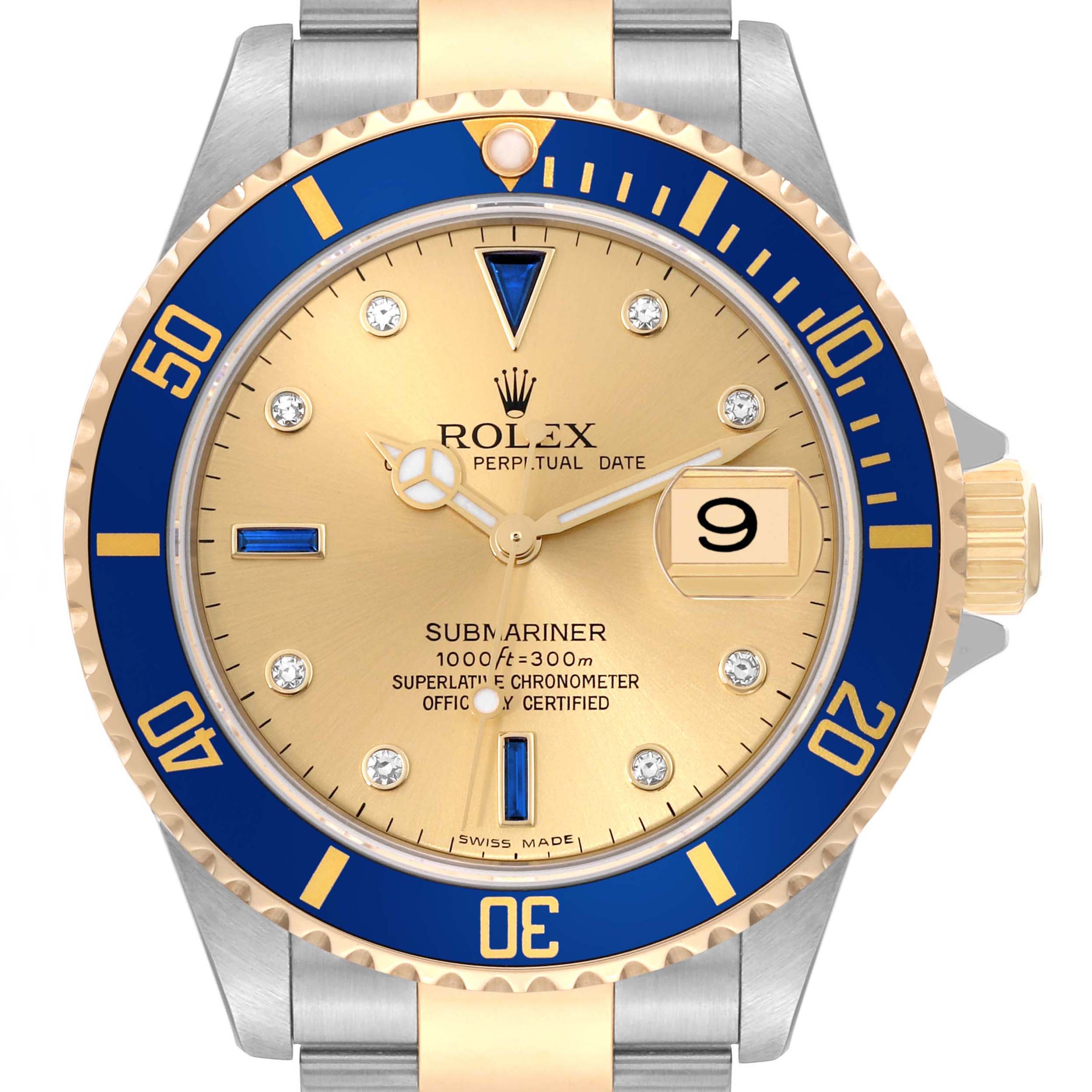This image shows a front view of a Rolex Submariner 16613LB Men's Steel and Gold (two tone) Champagne Dial 16613LB Men's Steel and Gold (two tone) Champagne Dial watch, highlighting the blue bezel, gold dial, and date display.