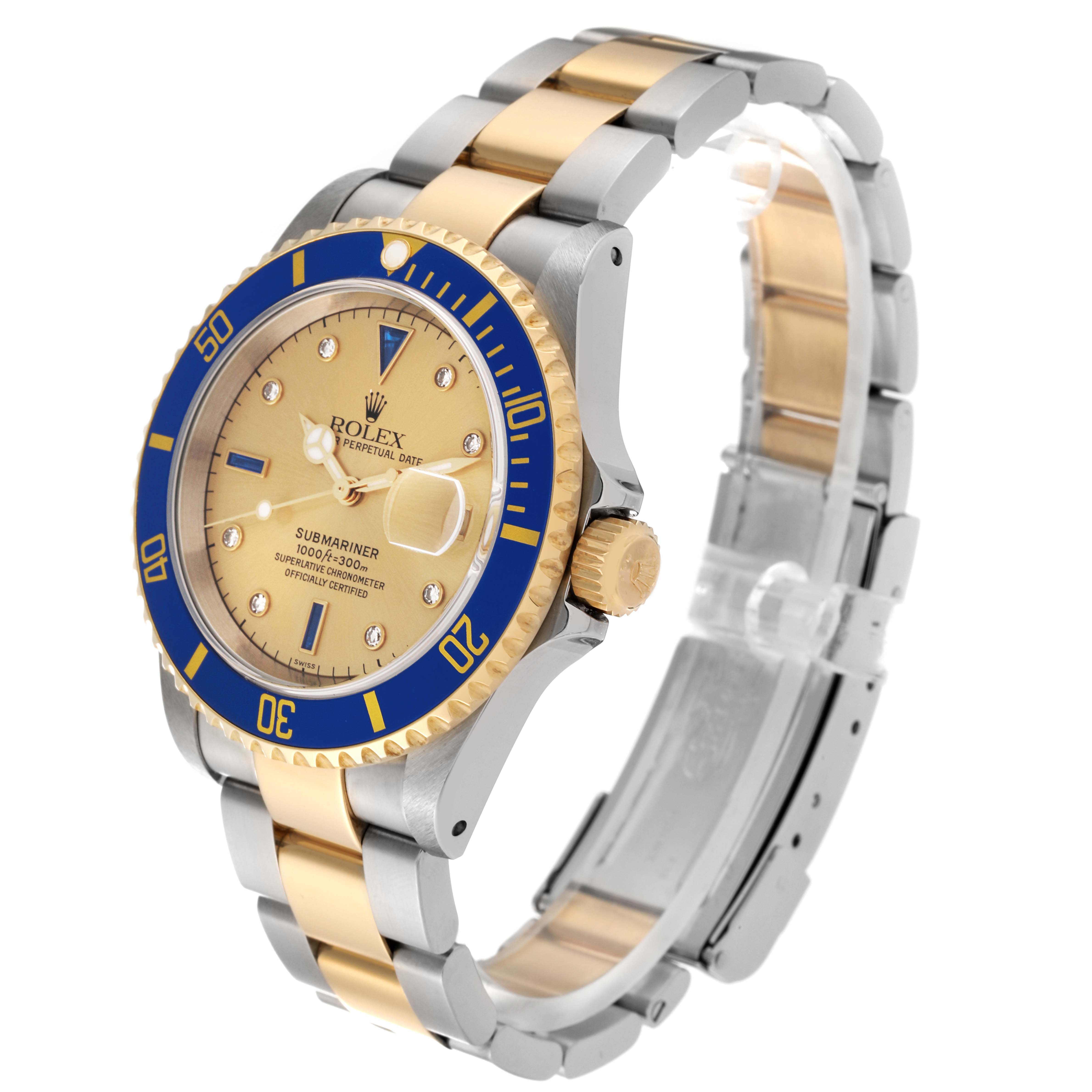The Rolex Submariner 16613 Men's Steel and Gold (two tone) Champagne Dial 16613 Men's Steel and Gold (two tone) Champagne Dial watch is shown at an angled view, highlighting its gold dial, blue bezel, and two-tone bracelet.