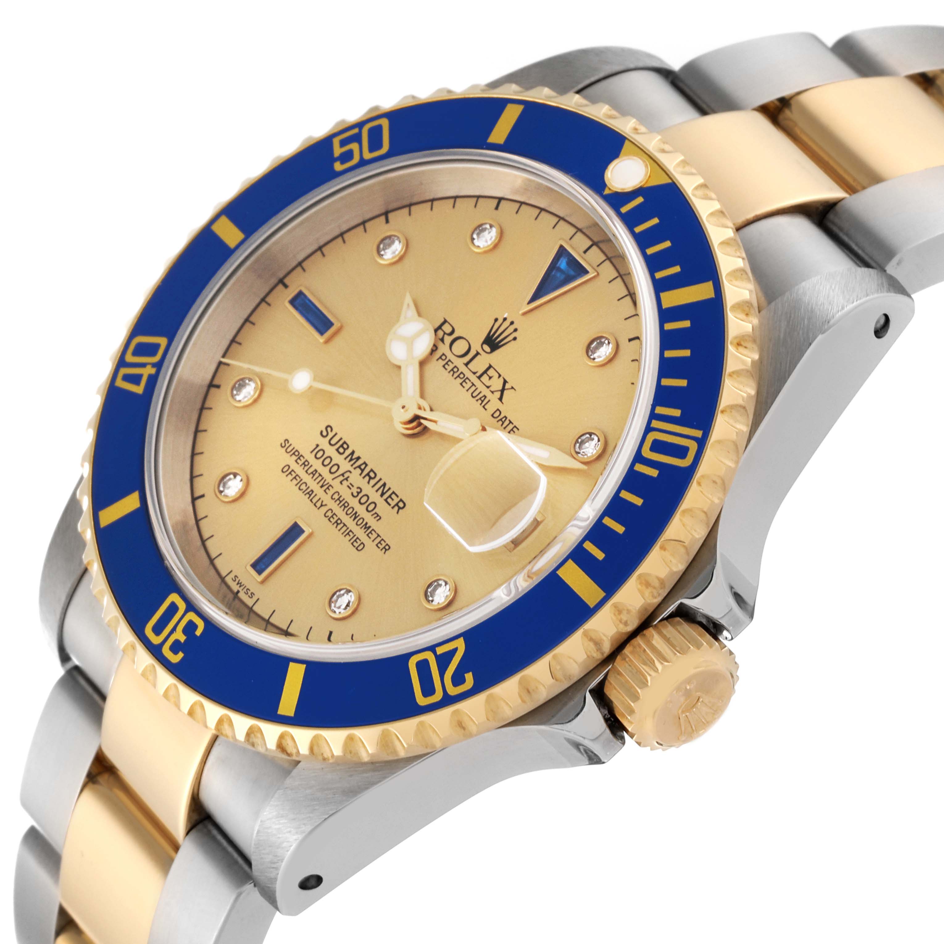 This image shows a Rolex Submariner 16613 Men's Steel and Gold (two tone) Champagne Dial 16613 Men's Steel and Gold (two tone) Champagne Dial watch at an angle, highlighting the dial, bezel, crown, and part of the bracelet.