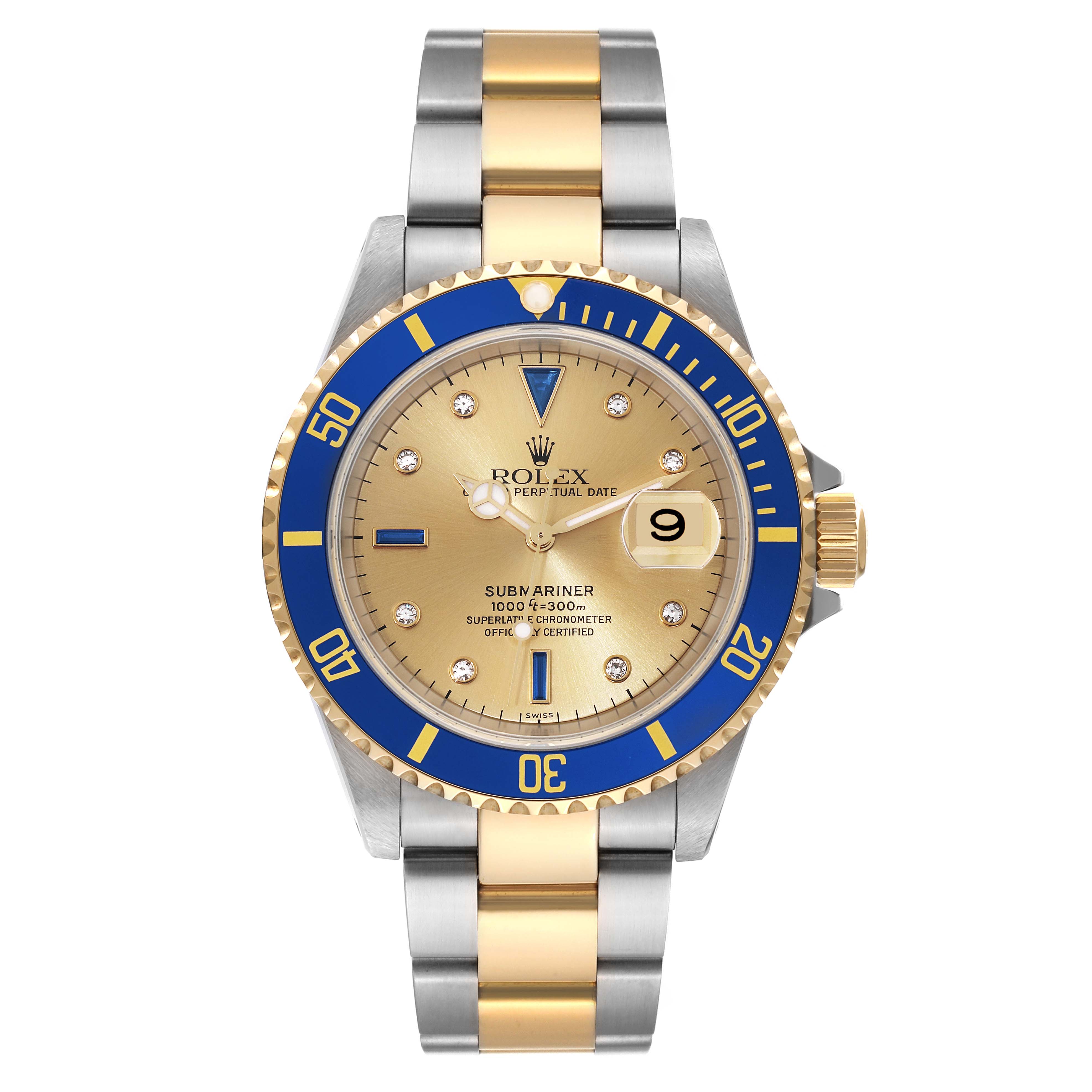 This image shows a front view of a Rolex Submariner 16613 Men's Steel and Gold (two tone) Champagne Dial 16613 Men's Steel and Gold (two tone) Champagne Dial watch with a blue bezel and a two-tone gold and silver bracelet.
