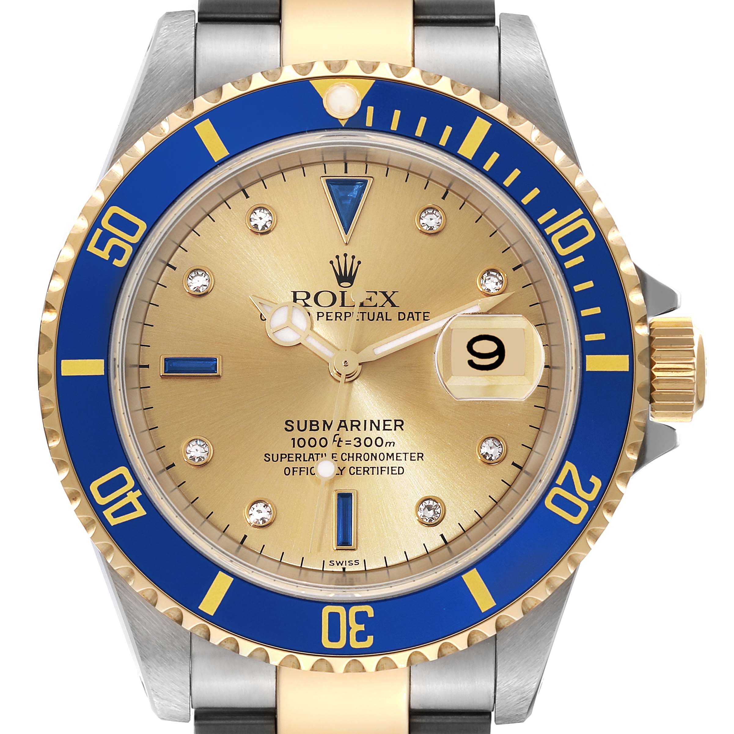 This image shows a front view of a Rolex Submariner 16613 Men's Steel and Gold (two tone) Champagne Dial 16613 Men's Steel and Gold (two tone) Champagne Dial watch with a gold dial, blue bezel, and date display.