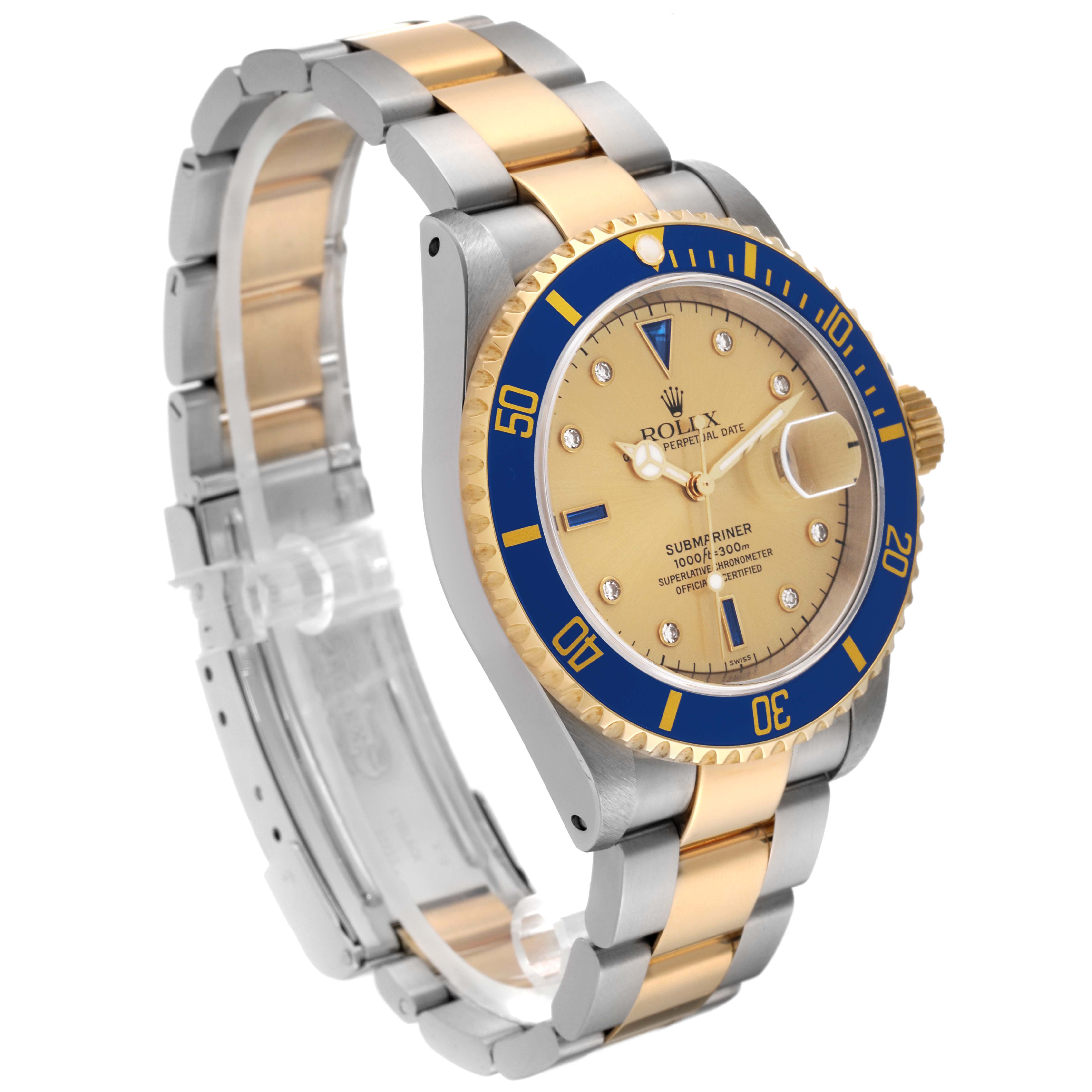 This image shows a Rolex Submariner 16613 Men's Steel and Gold (two tone) Champagne Dial 16613 Men's Steel and Gold (two tone) Champagne Dial watch from an angled side view, highlighting the face, bezel, and two-tone bracelet.