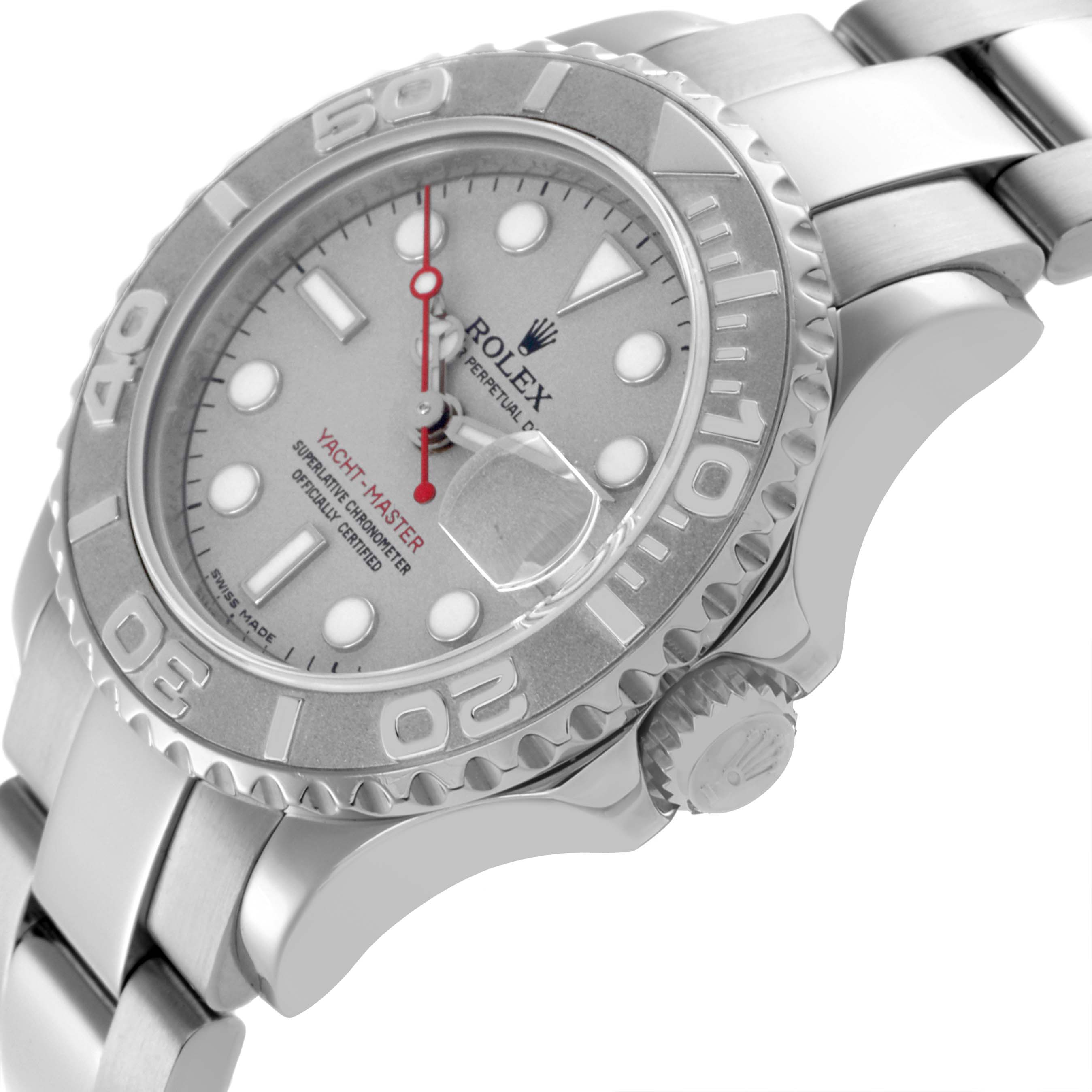 The Rolex Yacht-Master 169622 Women
s Stainless Steel Silver Dial 169622 Women
s Stainless Steel Silver Dial is shown at an angled side view, highlighting its bezel, dial, bracelet, and crown.