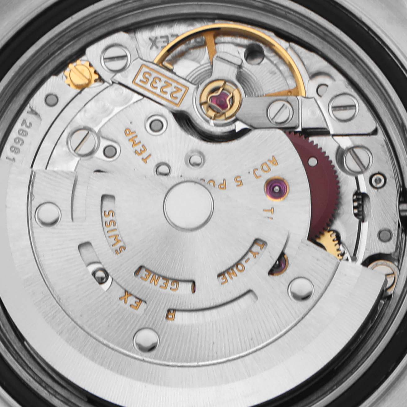The image shows a close-up of the movement mechanism of a Rolex Yacht-Master 169622 Women
s Stainless Steel Silver Dial 169622 Women
s Stainless Steel Silver Dial watch from the back.
