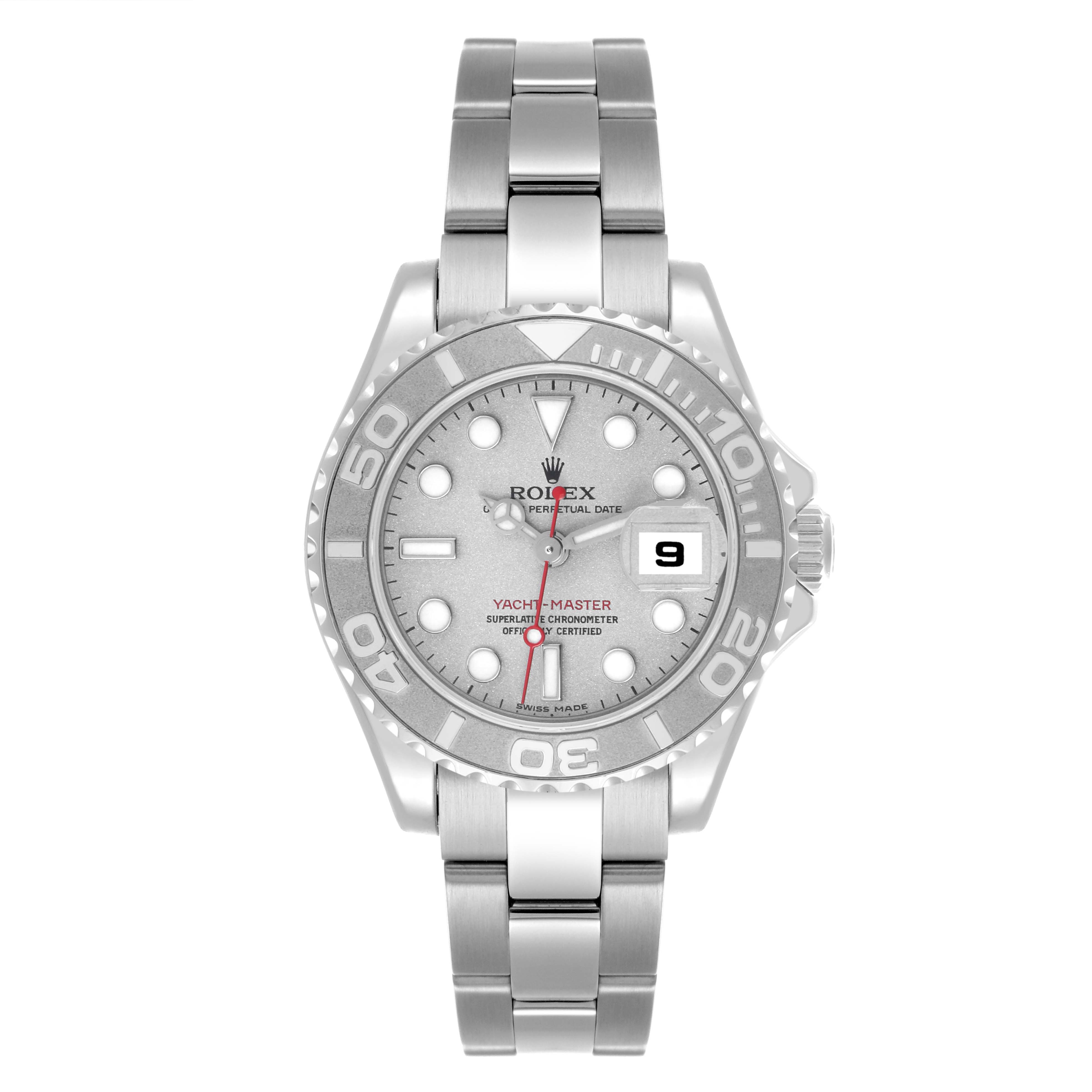 The Rolex Yacht-Master 169622 Women
s Stainless Steel Silver Dial 169622 Women
s Stainless Steel Silver Dial watch is shown from a top-down angle, displaying its face, bezel, and bracelet.