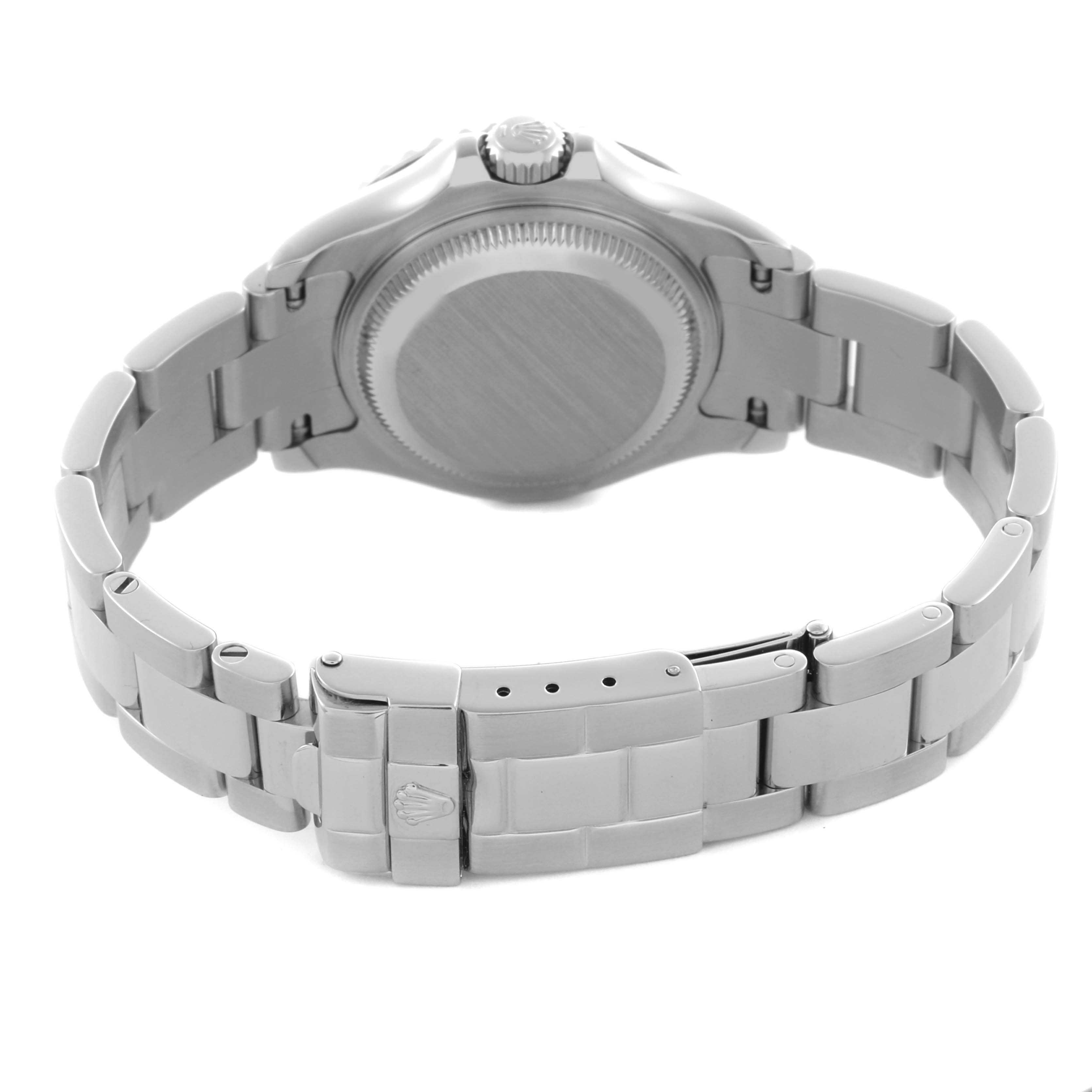 The image shows the back of a Rolex Yacht-Master 169622 Women
s Stainless Steel Silver Dial 169622 Women
s Stainless Steel Silver Dial watch, highlighting the case back, bracelet, and clasp.