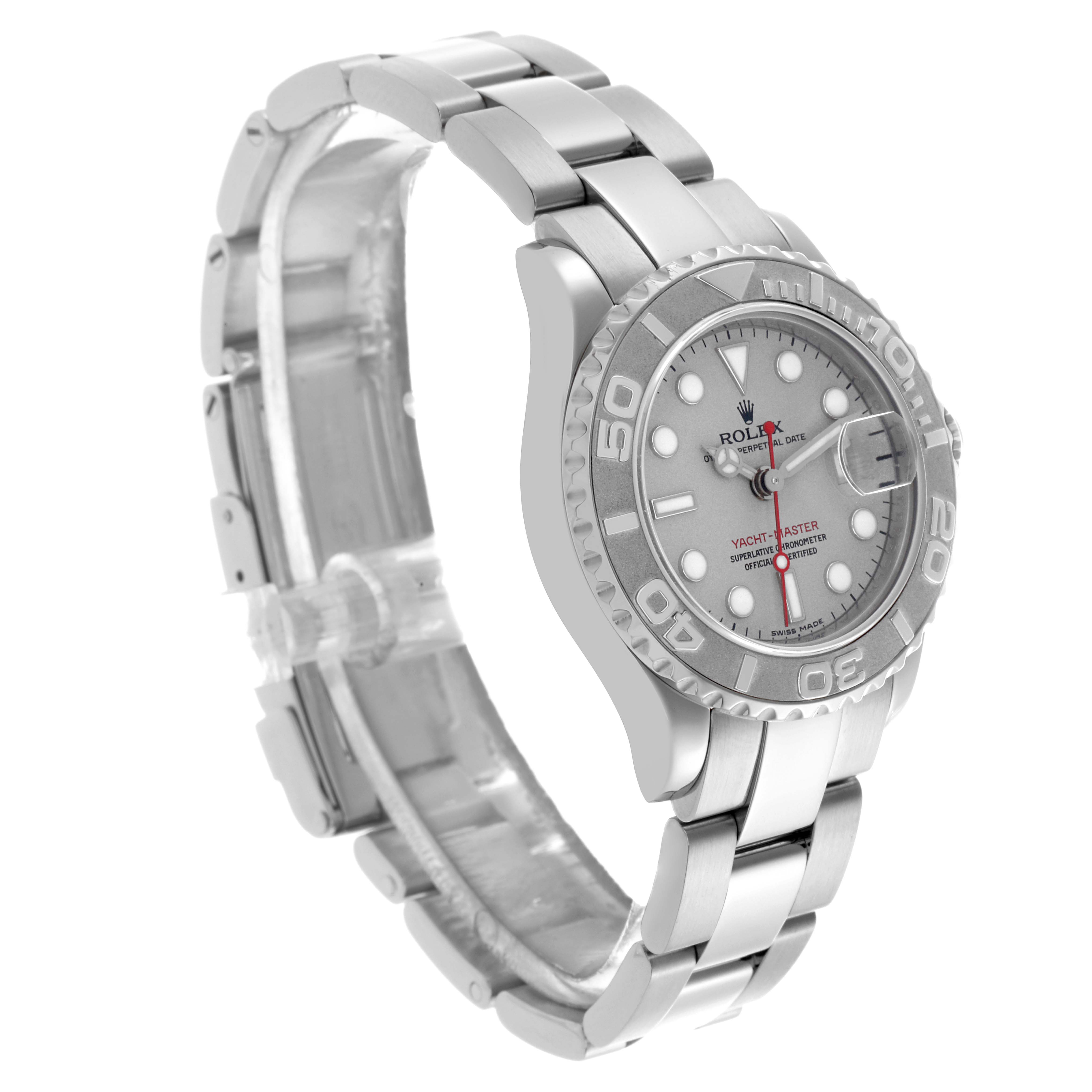 The Rolex Yacht-Master 169622 Women
s Stainless Steel Silver Dial 169622 Women
s Stainless Steel Silver Dial watch is shown at a three-quarter angle, highlighting the bracelet, bezel, and face.