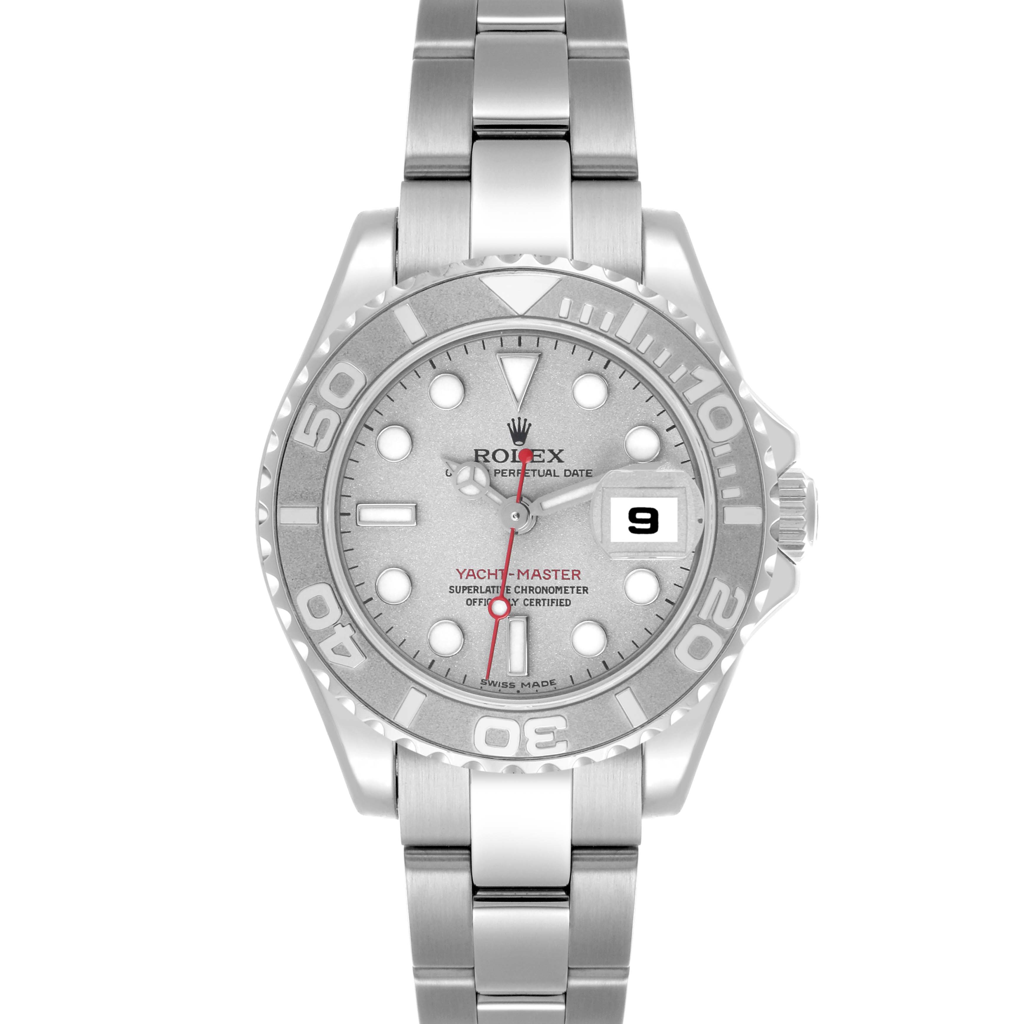 The Rolex Yacht-Master 169622 Women
s Stainless Steel Silver Dial 169622 Women
s Stainless Steel Silver Dial watch is shown from a front angle, highlighting the dial, bezel, bracelet, and date window.