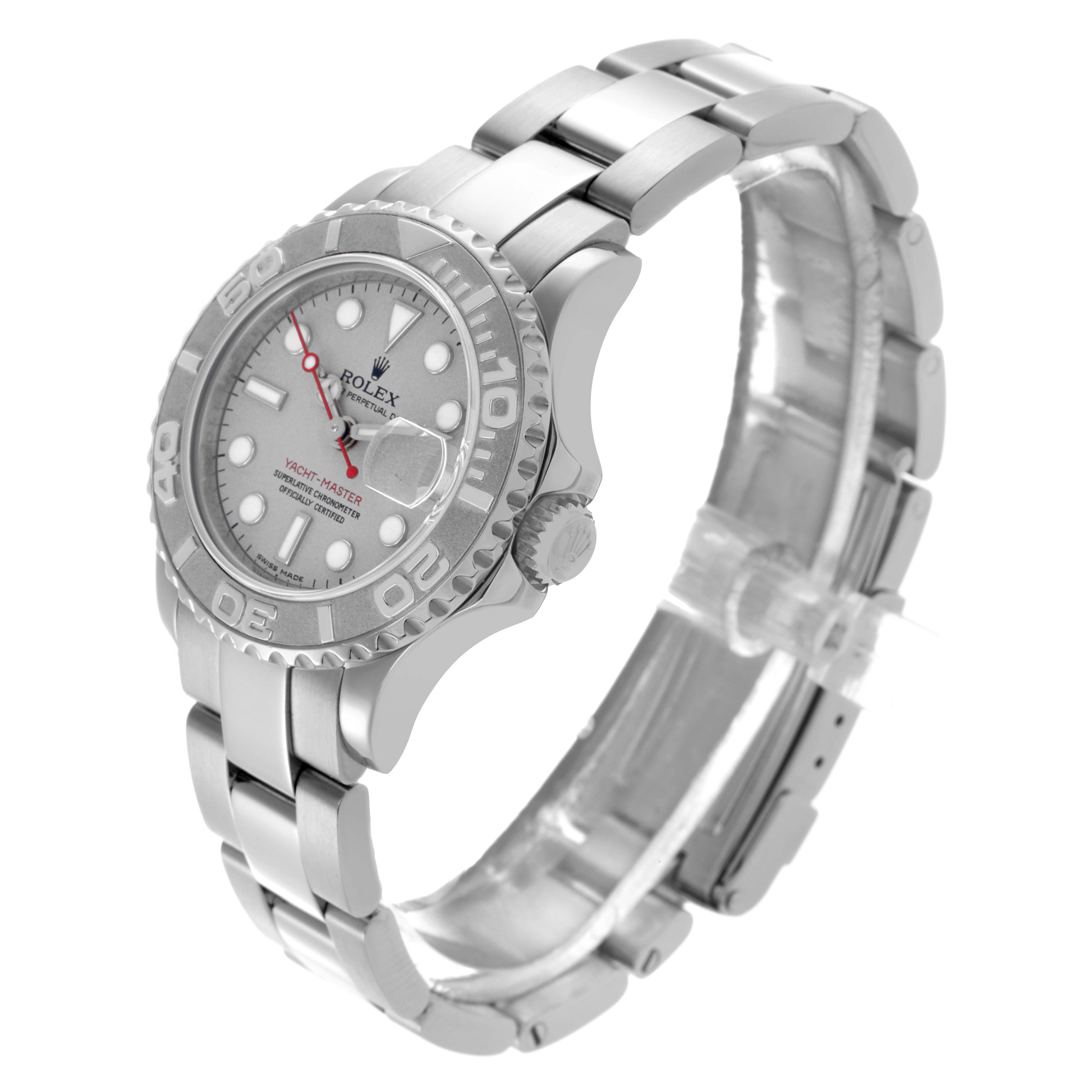 The Rolex Yacht-Master 169622 Women
s Stainless Steel Silver Dial 169622 Women
s Stainless Steel Silver Dial watch is shown at a three-quarter angle, displaying its bezel, dial, and bracelet.