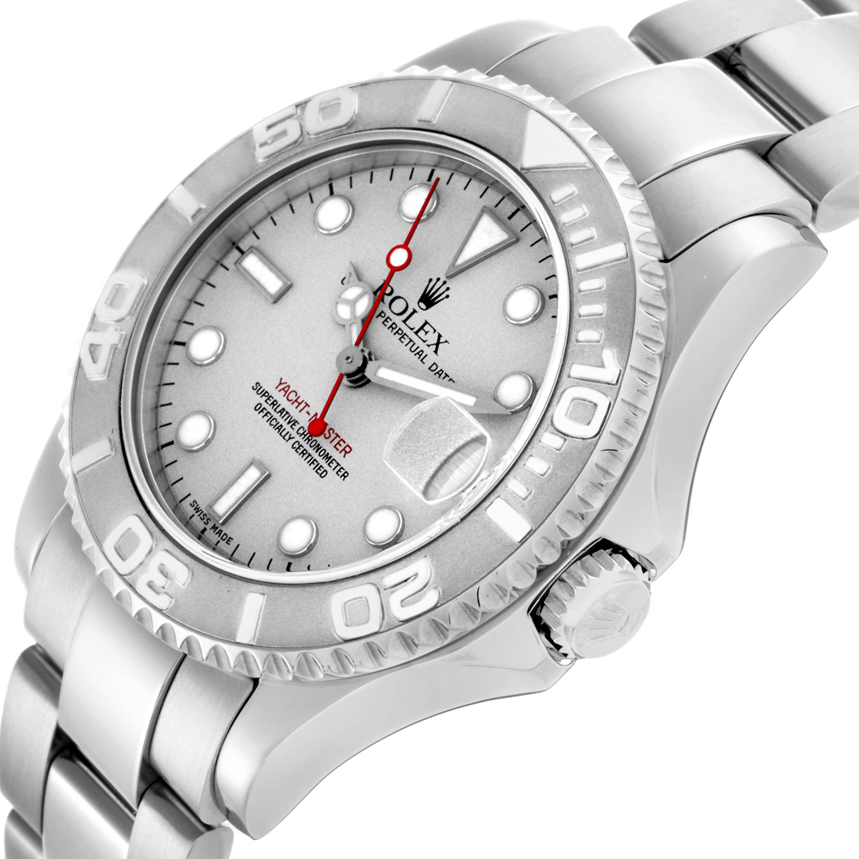 The Rolex Yacht-Master 168622 Men
s Stainless Steel Silver Dial 168622 Men
s Stainless Steel Silver Dial watch is shown at an angled side view, highlighting the bezel, dial, bracelet, and crown.