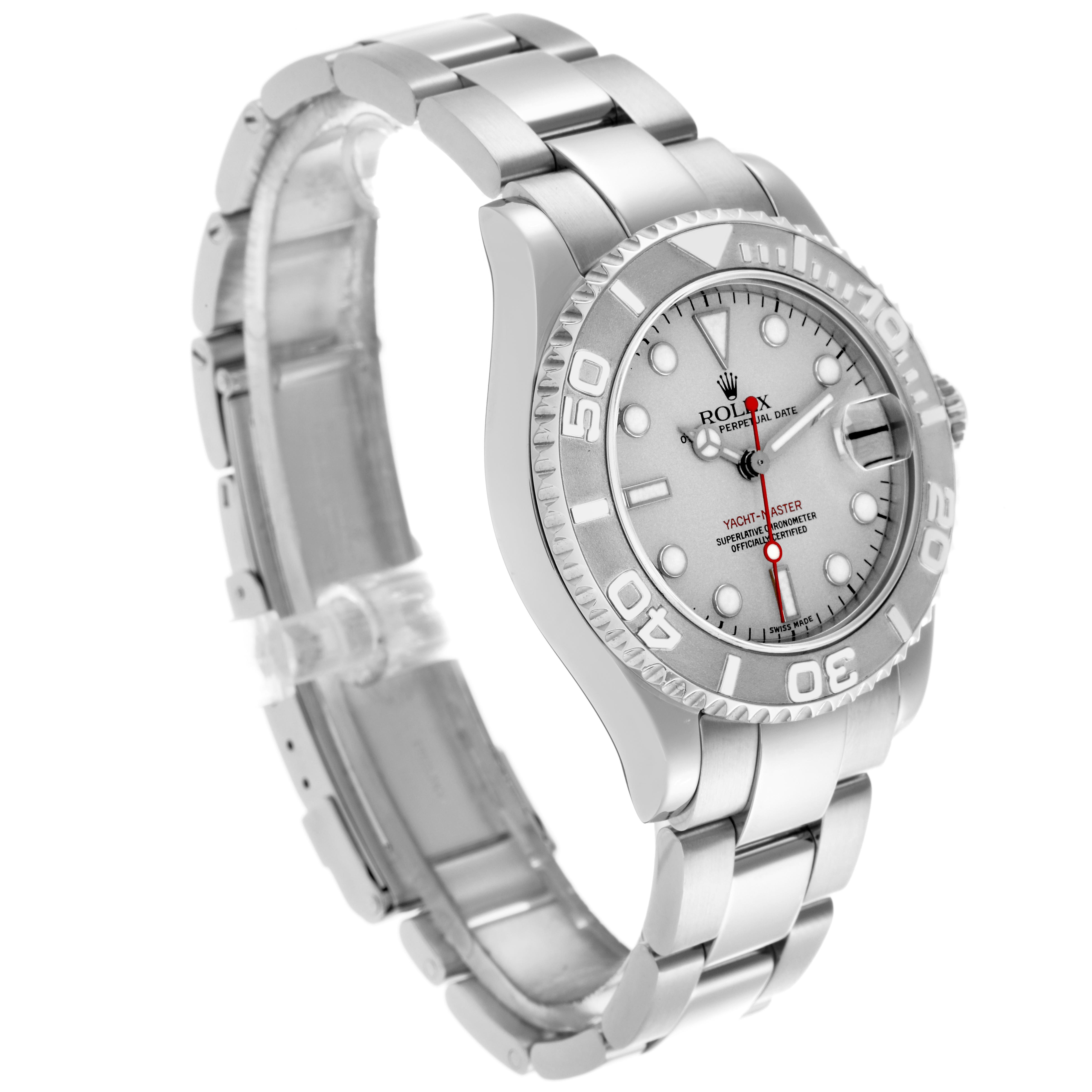 The Rolex Yacht-Master 168622 Men
s Stainless Steel Silver Dial 168622 Men
s Stainless Steel Silver Dial watch is shown at a slight side angle, displaying the face, bezel, and part of the bracelet.