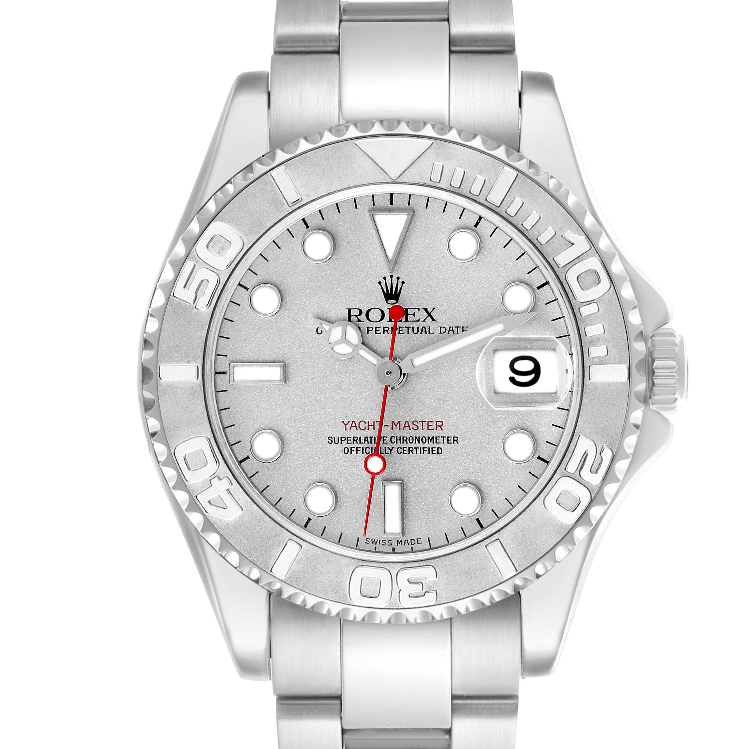 The Rolex Yacht-Master 168622 Men
s Stainless Steel Silver Dial 168622 Men
s Stainless Steel Silver Dial watch is shown from the front, displaying the dial, bezel, and bracelet.