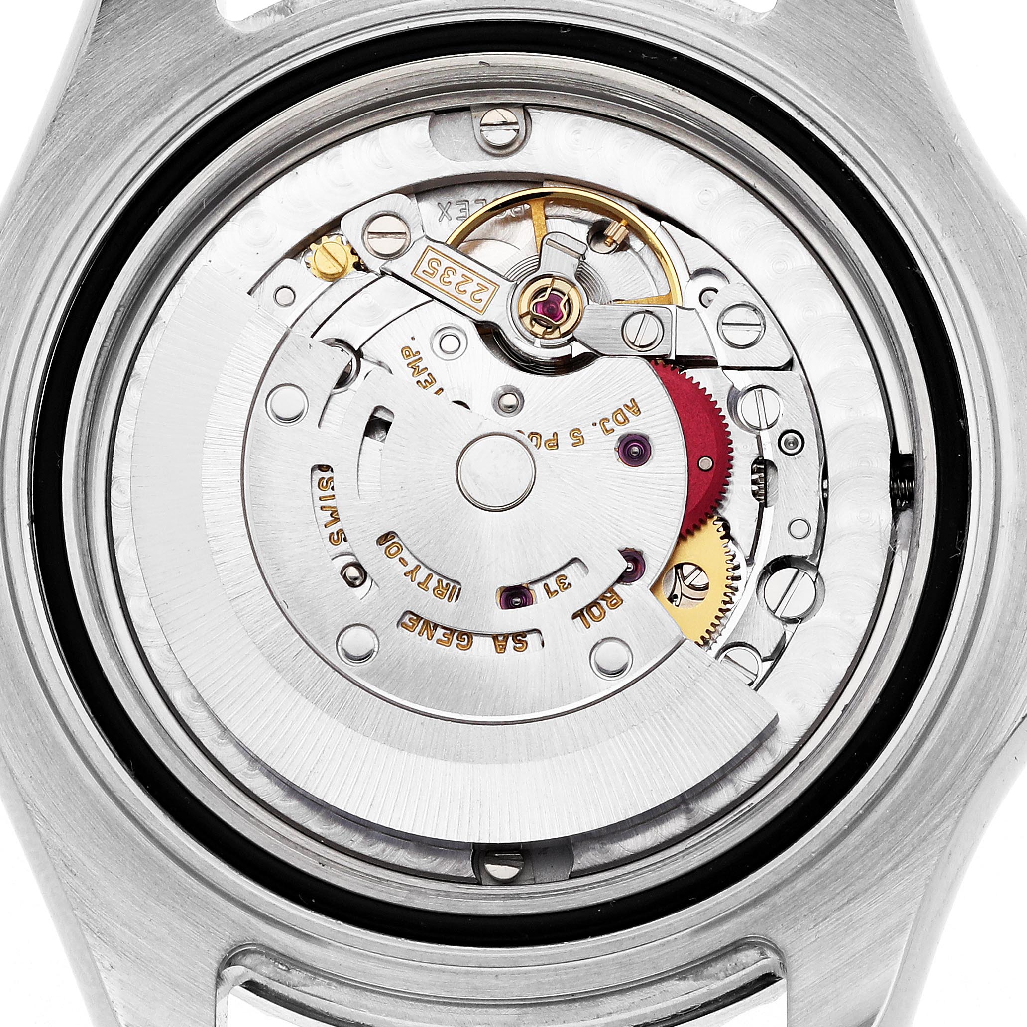 The image shows the back of a Rolex Yacht-Master 168622 Men
s Stainless Steel Silver Dial 168622 Men
s Stainless Steel Silver Dial watch, focusing on its exposed movement and internal mechanisms.