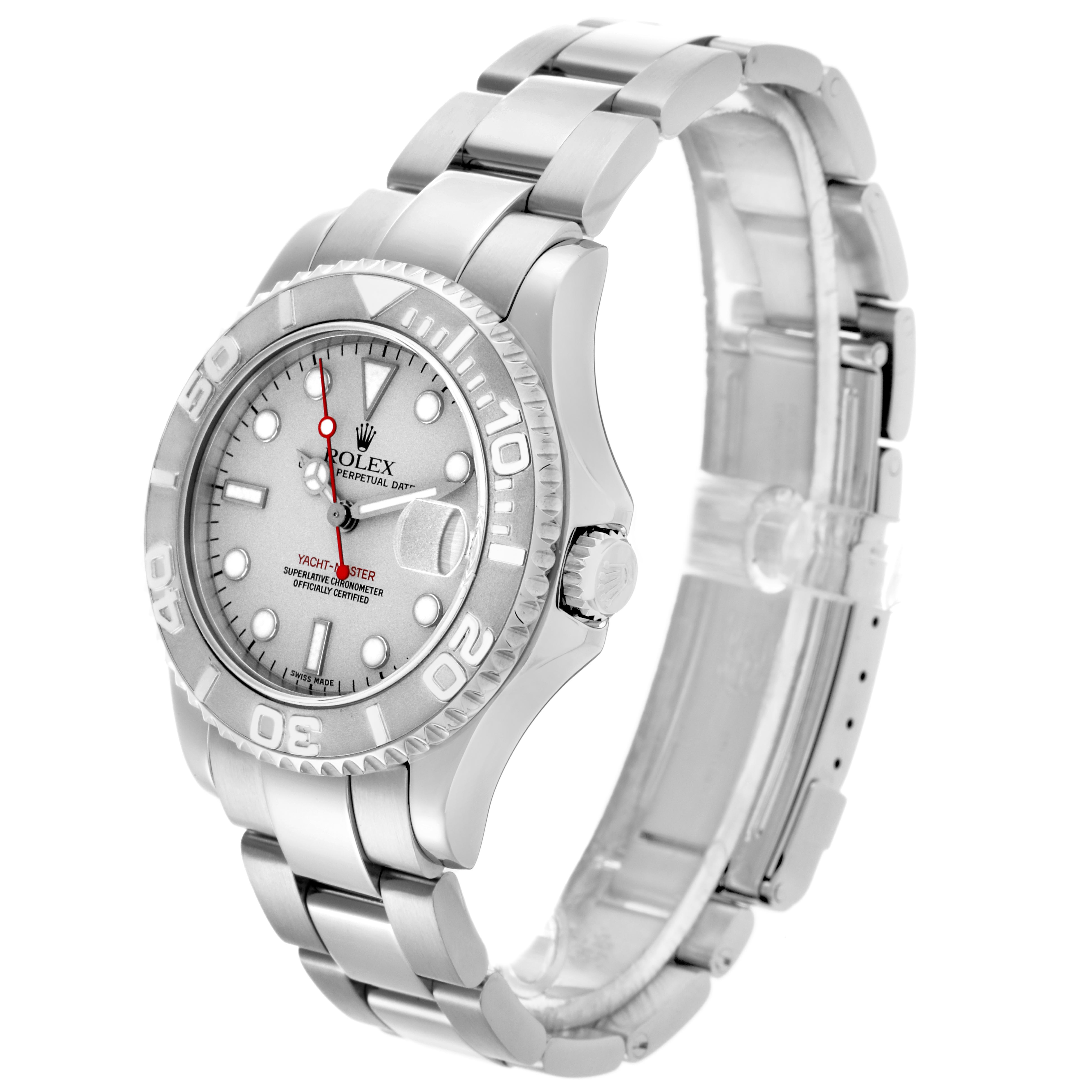 The Rolex Yacht-Master 168622 Men
s Stainless Steel Silver Dial 168622 Men
s Stainless Steel Silver Dial watch is shown at a three-quarter angle, displaying the face, bezel, bracelet, and crown.