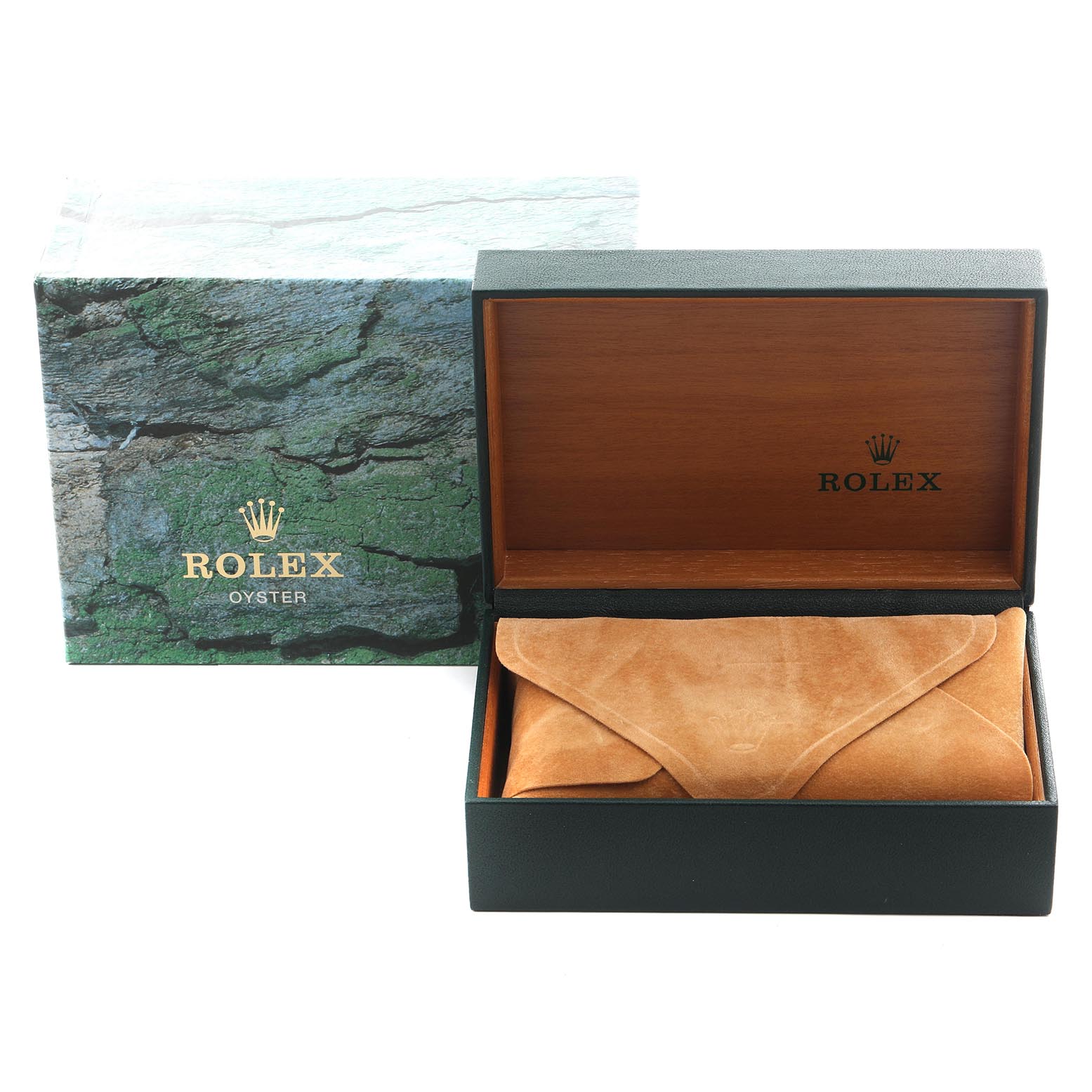 This image shows the packaging for a Rolex Yacht-Master 168622 Men
s Stainless Steel Silver Dial 168622 Men
s Stainless Steel Silver Dial, including an open wooden box and an exterior box with a green design.