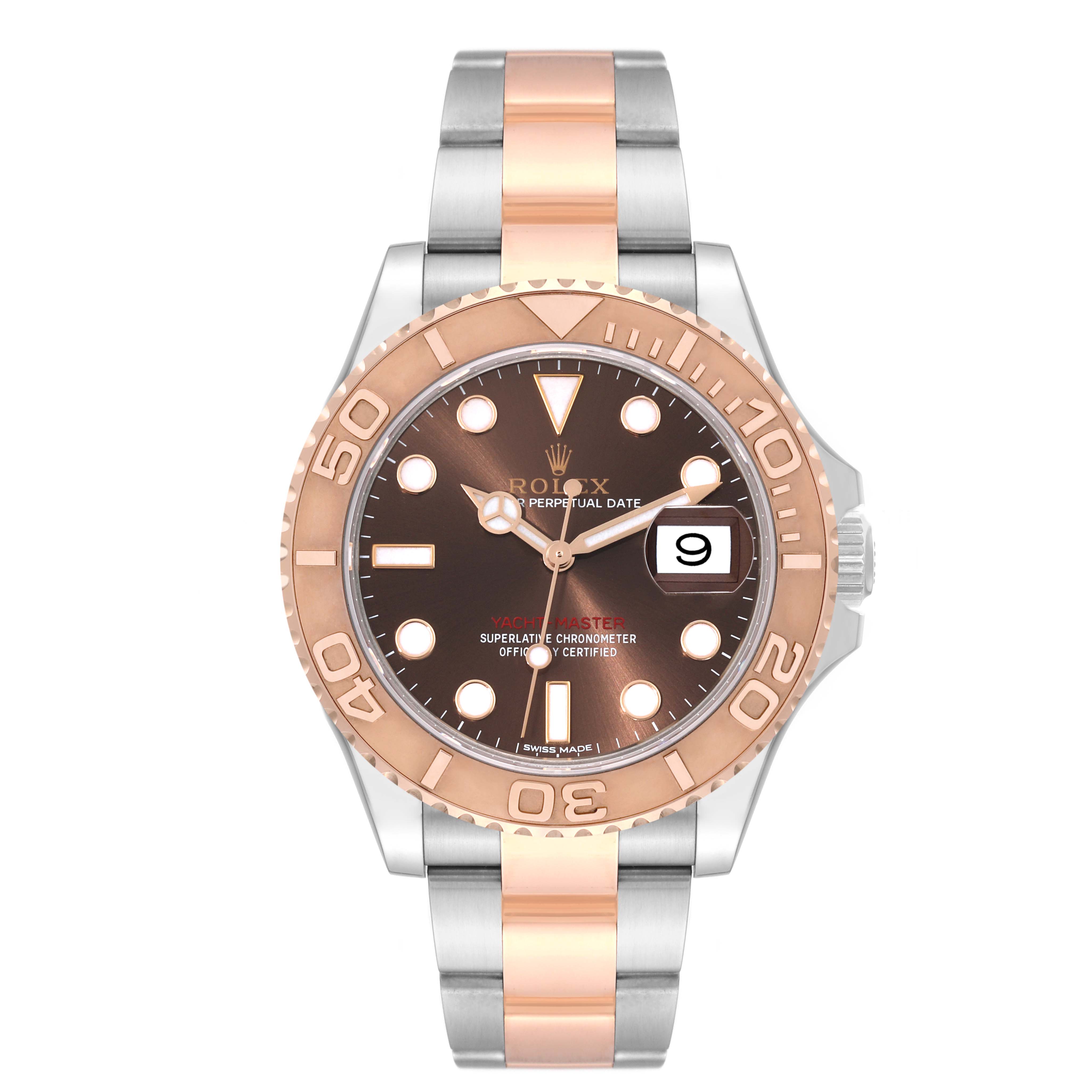 This image shows a frontal view of the Rolex Yacht-Master 116621 Men's Steel and Gold (two tone) Brown Dial 116621 Men's Steel and Gold (two tone) Brown Dial watch, displaying the face, bezel, and mixed-metal bracelet.