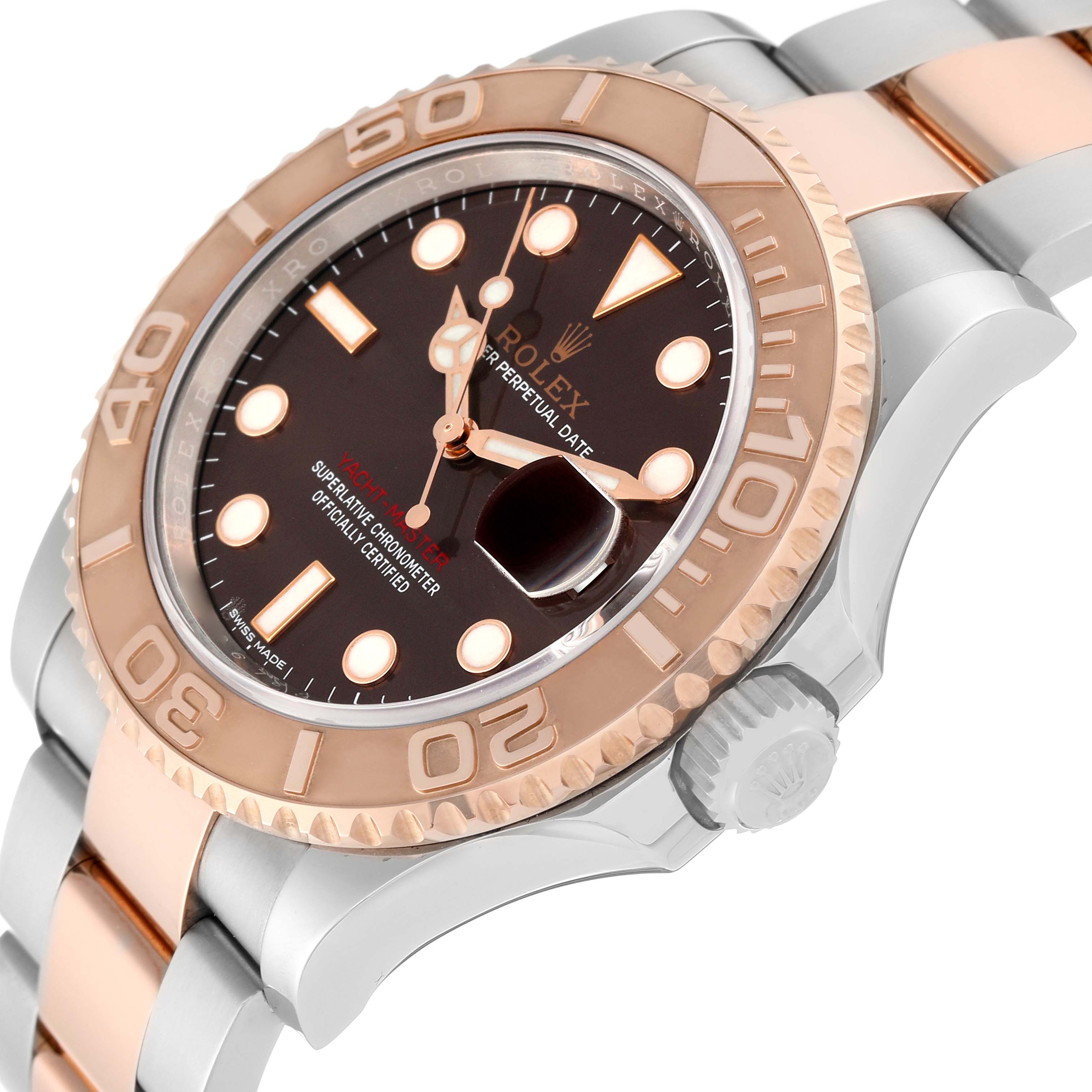 The Rolex Yacht-Master 116621 Men's Steel and Gold (two tone) Brown Dial 116621 Men's Steel and Gold (two tone) Brown Dial watch is displayed at an angled side view, showing its bezel, crown, and bracelet.