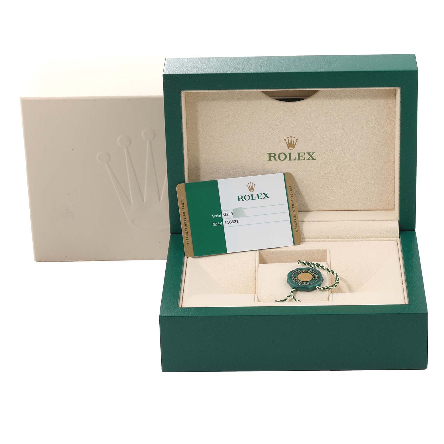 The image shows a Rolex Yacht-Master 116621 Men's Steel and Gold (two tone) Brown Dial 116621 Men's Steel and Gold (two tone) Brown Dial model box with its tag and warranty card displayed in an open position.