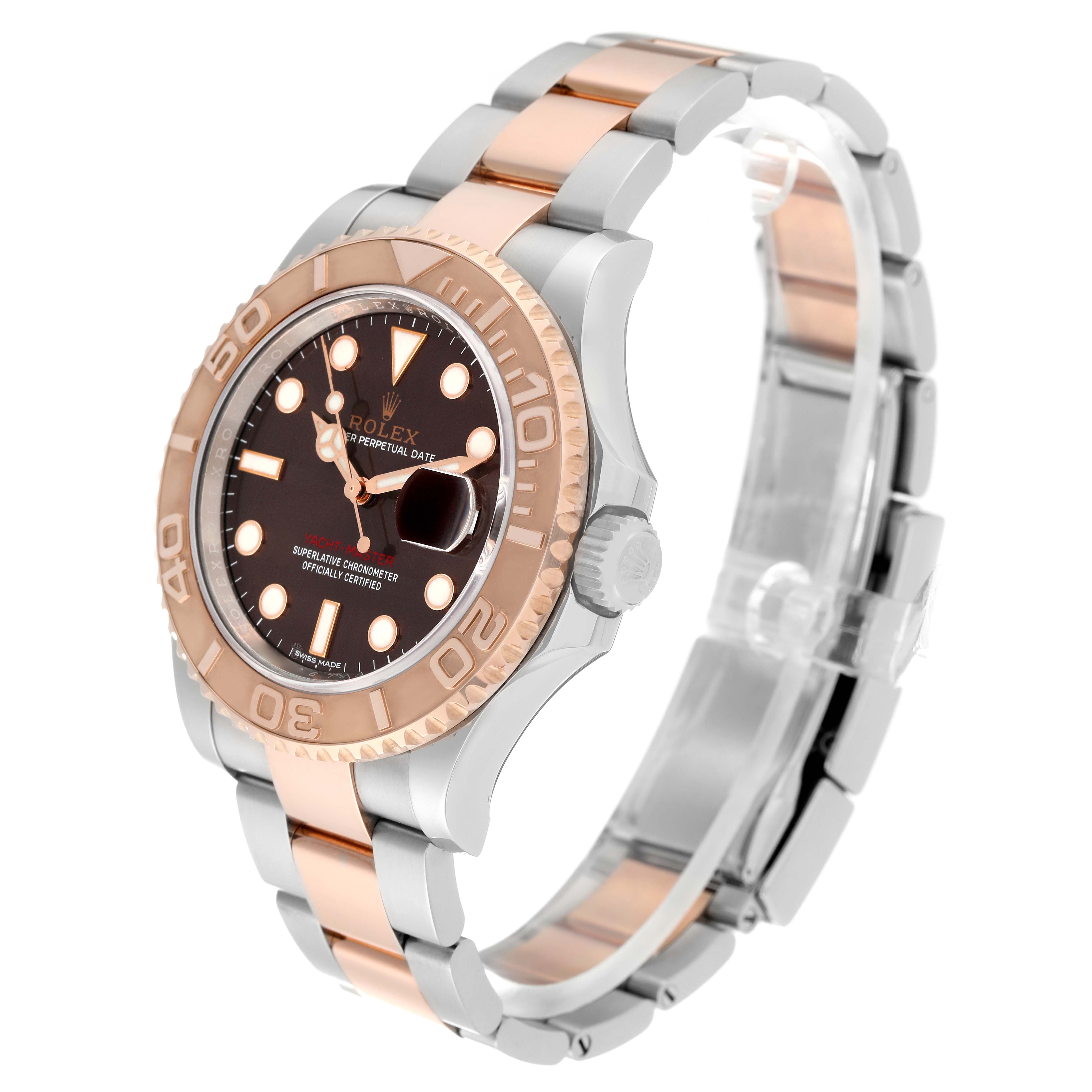 This Yacht-Master Rolex watch is shown at a three-quarter angle, highlighting the dial, bezel, and bracelet.