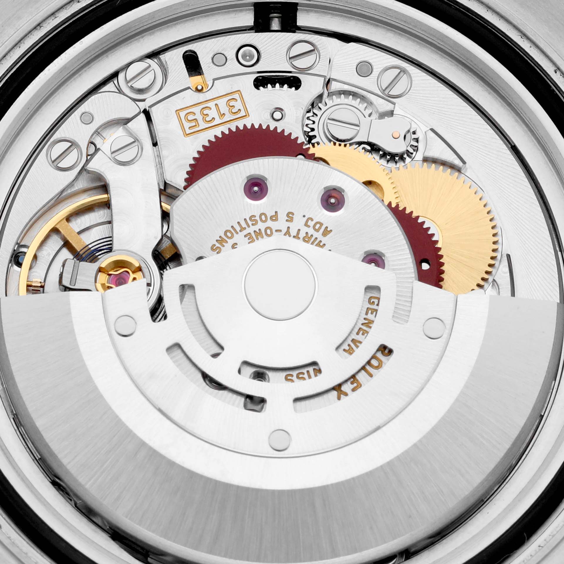 The image displays the intricate movement mechanics of the Rolex Yacht-Master 116621 Men's Steel and Gold (two tone) Brown Dial 116621 Men's Steel and Gold (two tone) Brown Dial watch from a close-up, internal view.
