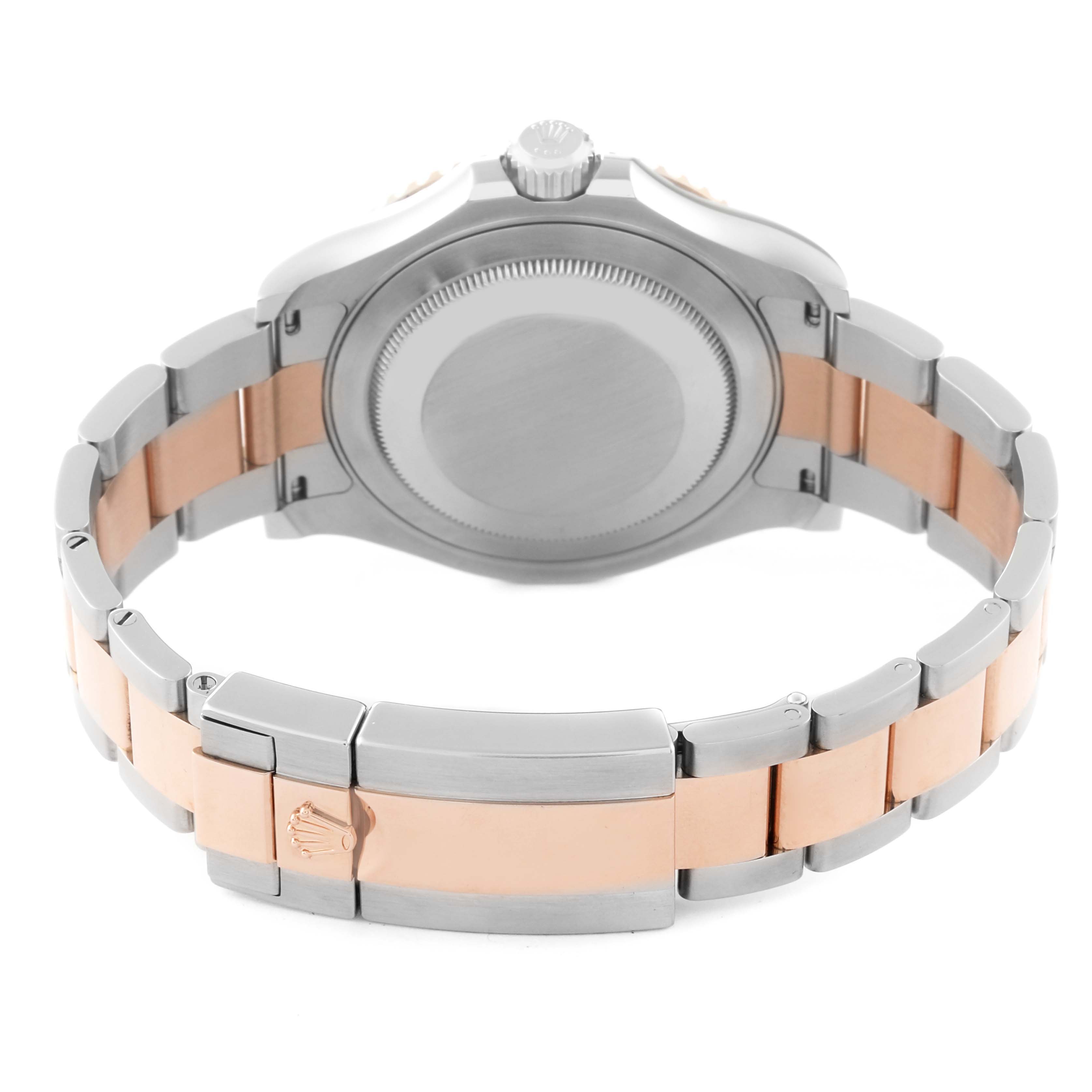 The image displays the back view of a Rolex Yacht-Master 116621 Men's Steel and Gold (two tone) Brown Dial 116621 Men's Steel and Gold (two tone) Brown Dial watch, showcasing its bi-metal bracelet and clasp.