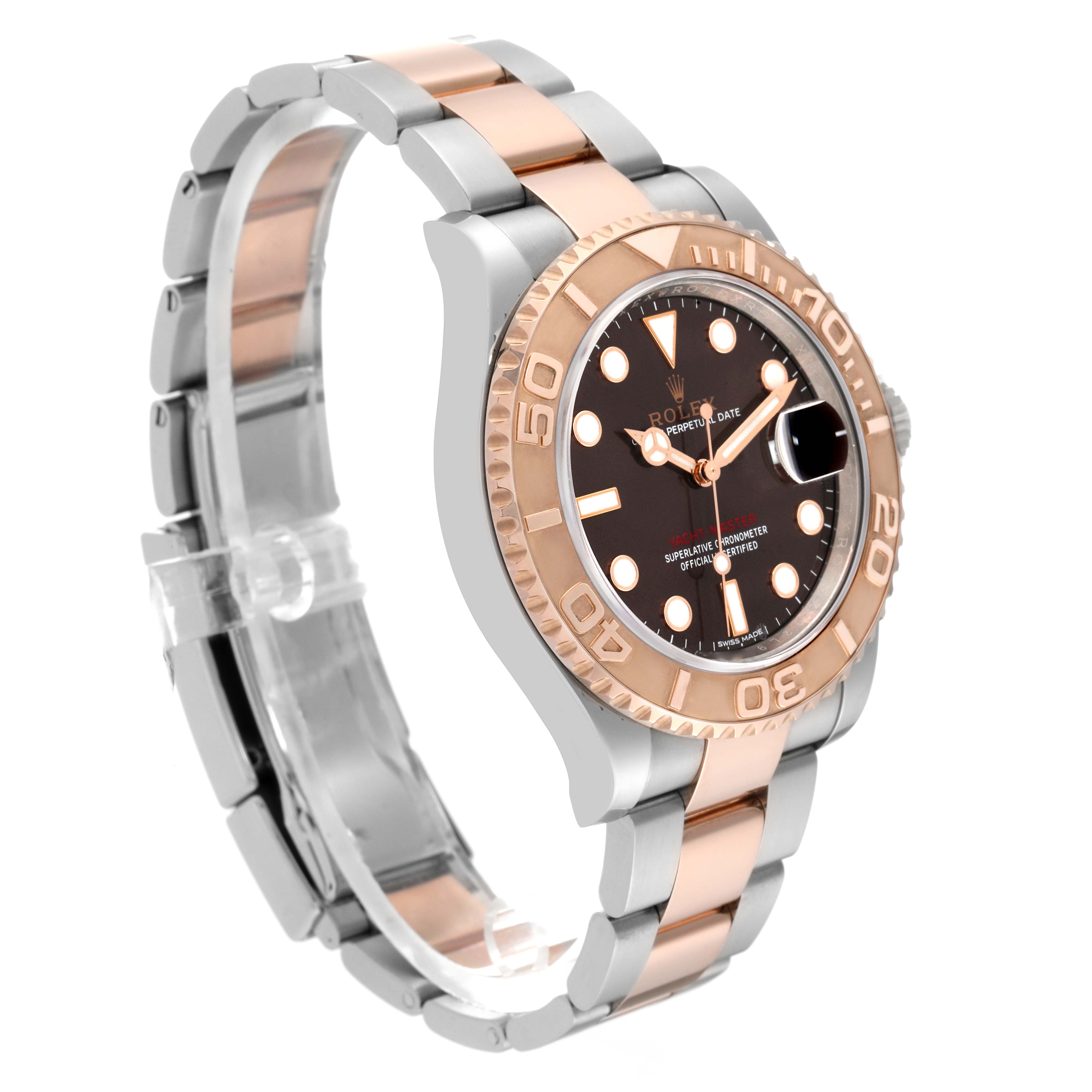 This image shows a side angle of the Rolex Yacht-Master 116621 Men's Steel and Gold (two tone) Brown Dial 116621 Men's Steel and Gold (two tone) Brown Dial watch, highlighting its two-tone band, bezel, and dial.