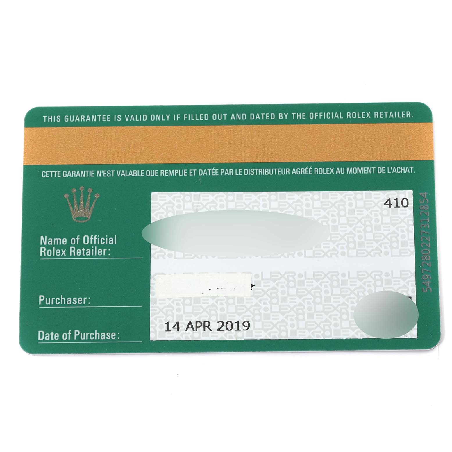 This image shows a guarantee card for a Yacht-Master model by Rolex, featuring details like the official retailer and date of purchase.