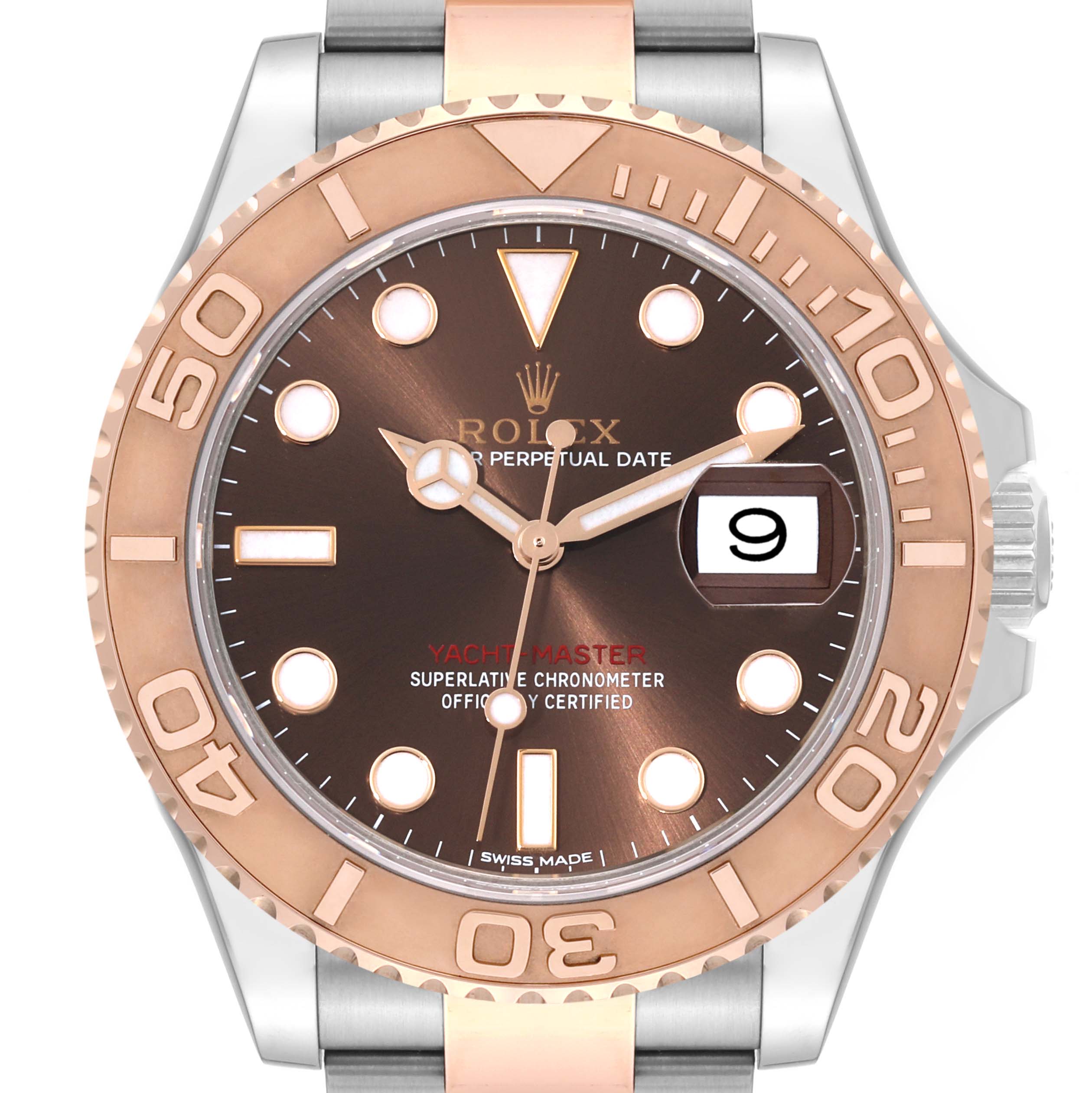 This image shows a close-up view of the Rolex Yacht-Master 116621 Men's Steel and Gold (two tone) Brown Dial 116621 Men's Steel and Gold (two tone) Brown Dial watch, displaying the dial, bezel, and bracelet.