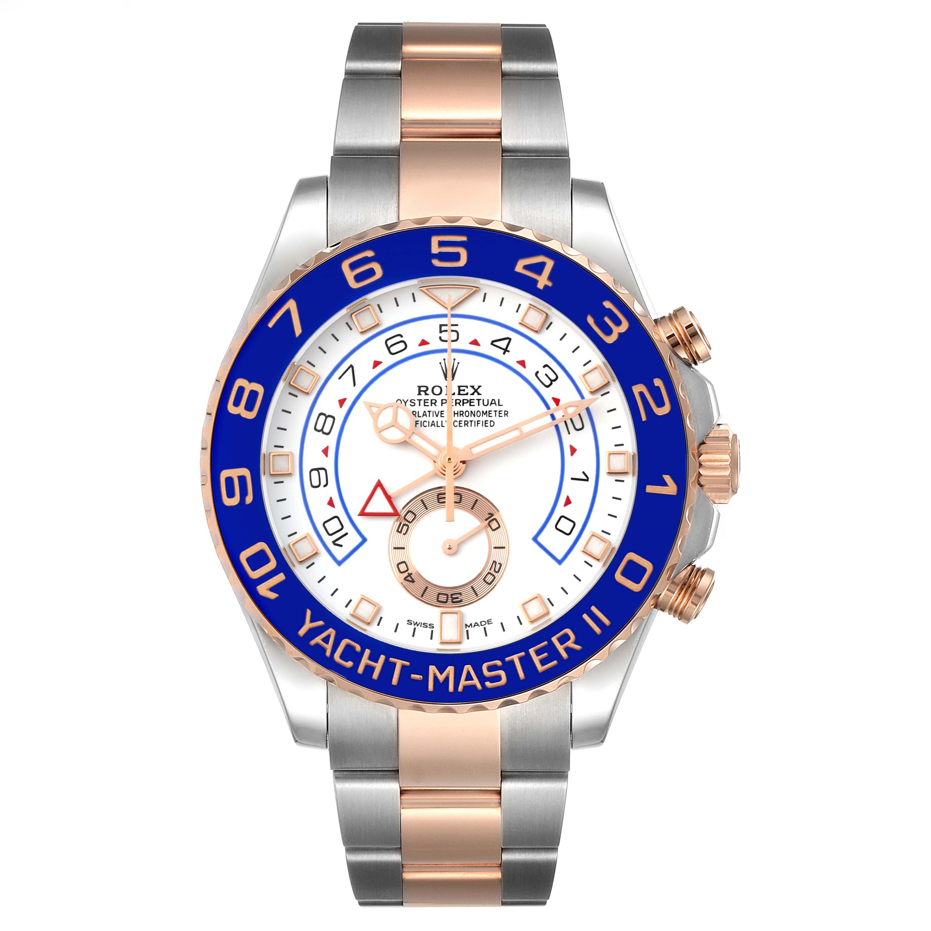The Rolex Yacht-Master 116681 Men
s Steel and Gold (two tone) White Dial 116681 Men
s Steel and Gold (two tone) White Dial watch is shown from a front angle, highlighting the face, bezel, and bracelet.