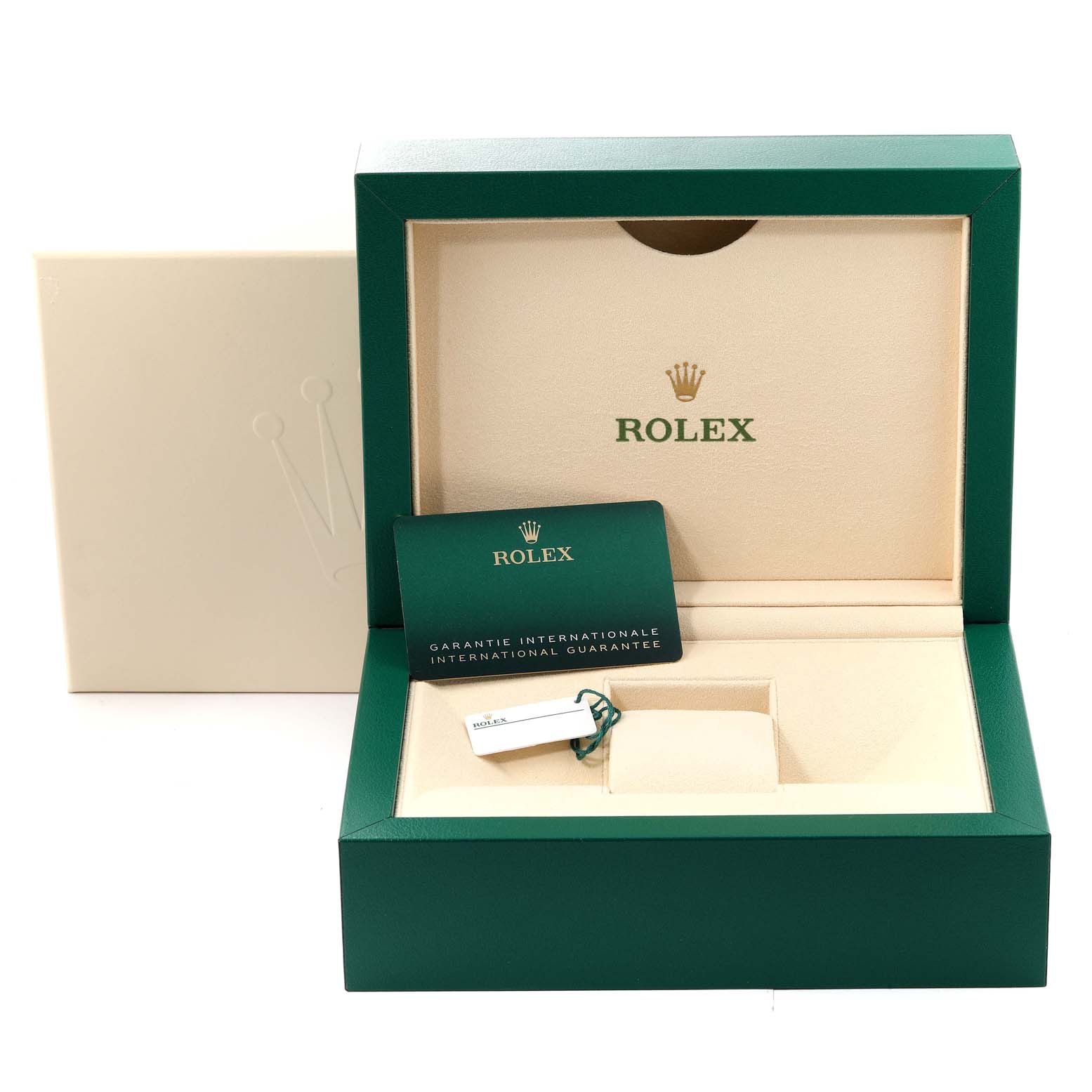 This image shows the open packaging of a Rolex Yacht-Master 116681 Men
s Steel and Gold (two tone) White Dial 116681 Men
s Steel and Gold (two tone) White Dial watch with a green outer box, warranty card, and tag.