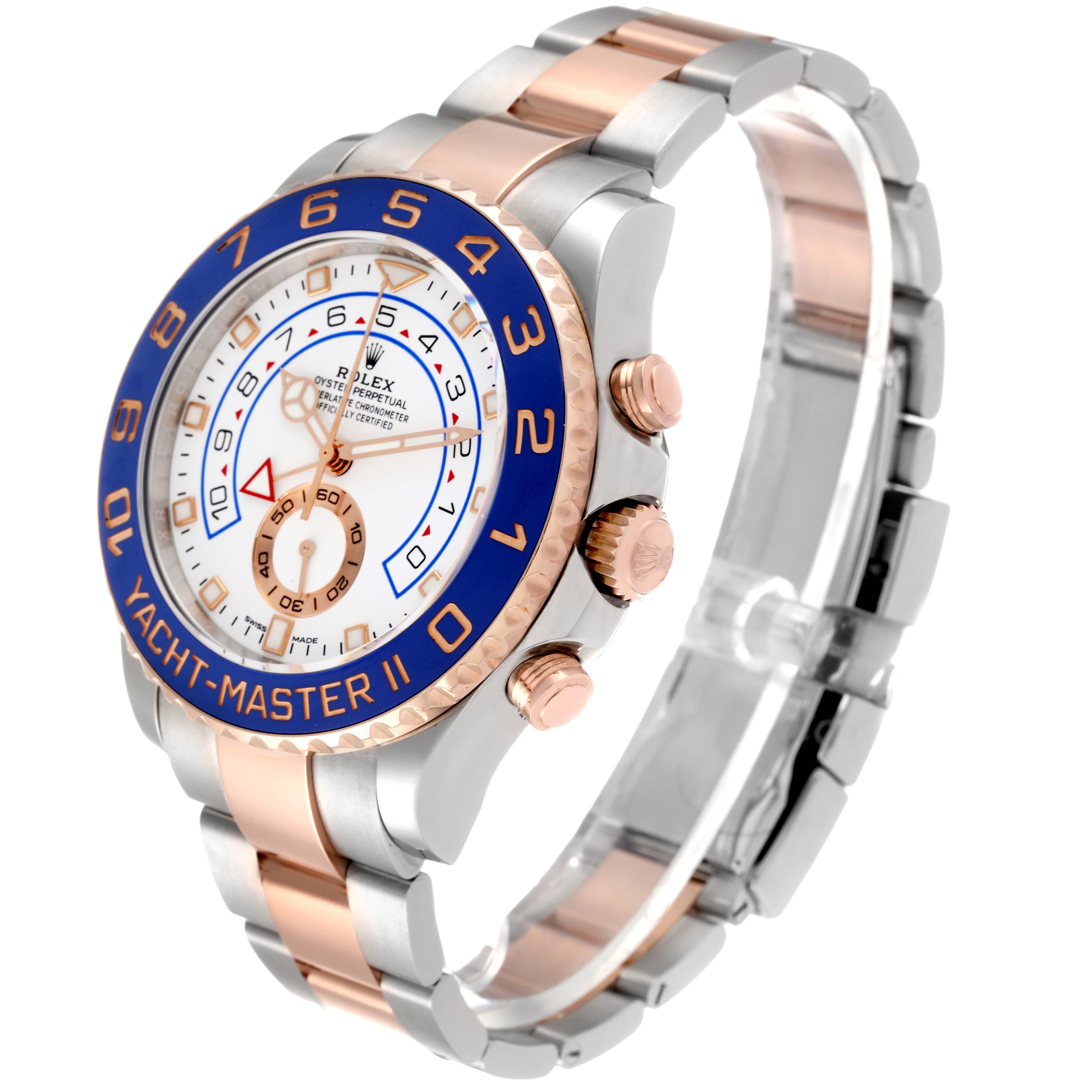 The Rolex Yacht-Master 116681 Men
s Steel and Gold (two tone) White Dial 116681 Men
s Steel and Gold (two tone) White Dial watch is shown at a slight side angle, displaying the face, bezel, dial, crown, and part of the bracelet.