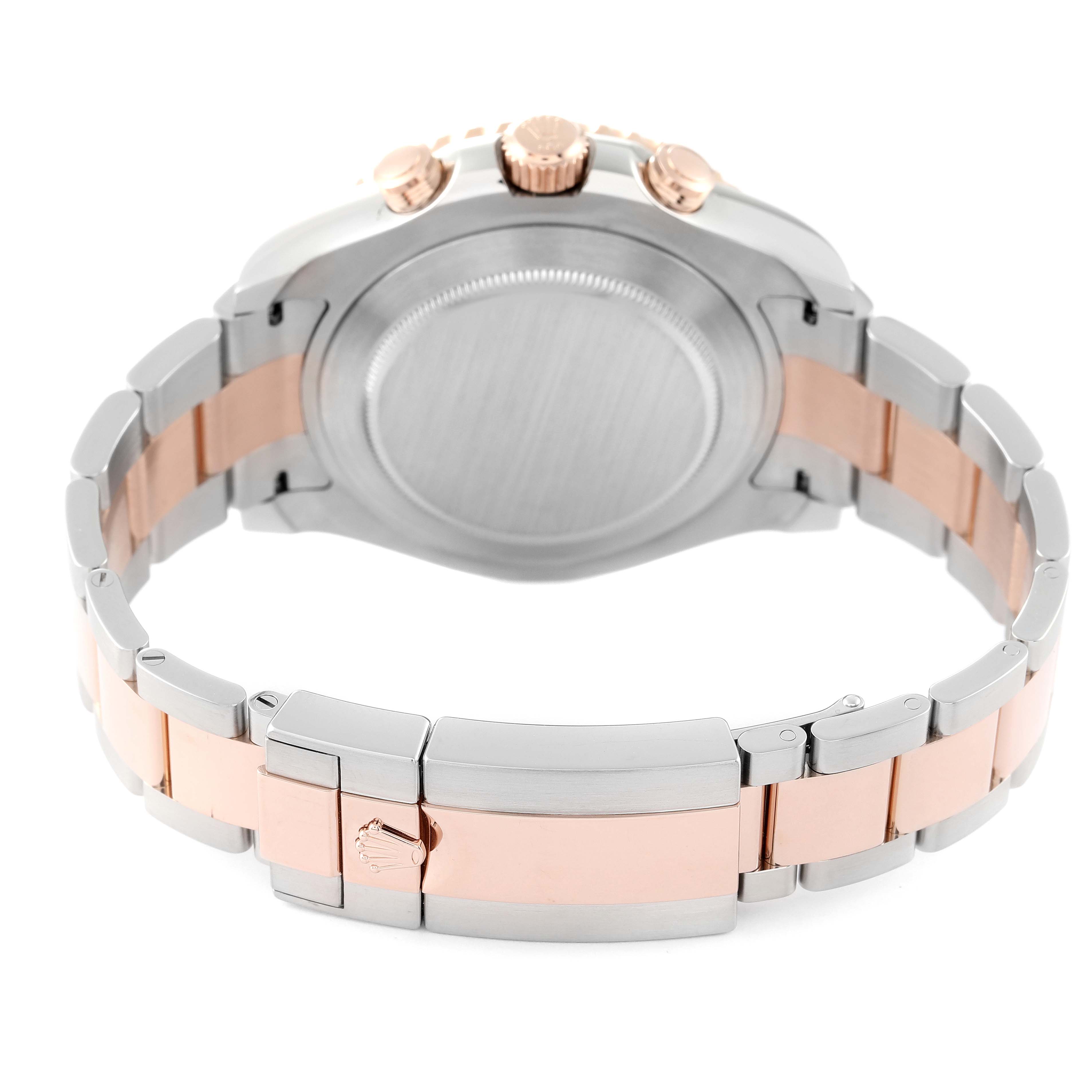 The image shows the back of a Rolex Yacht-Master 116681 Men
s Steel and Gold (two tone) White Dial 116681 Men
s Steel and Gold (two tone) White Dial watch, including the case back and the two-tone metal bracelet with clasp.