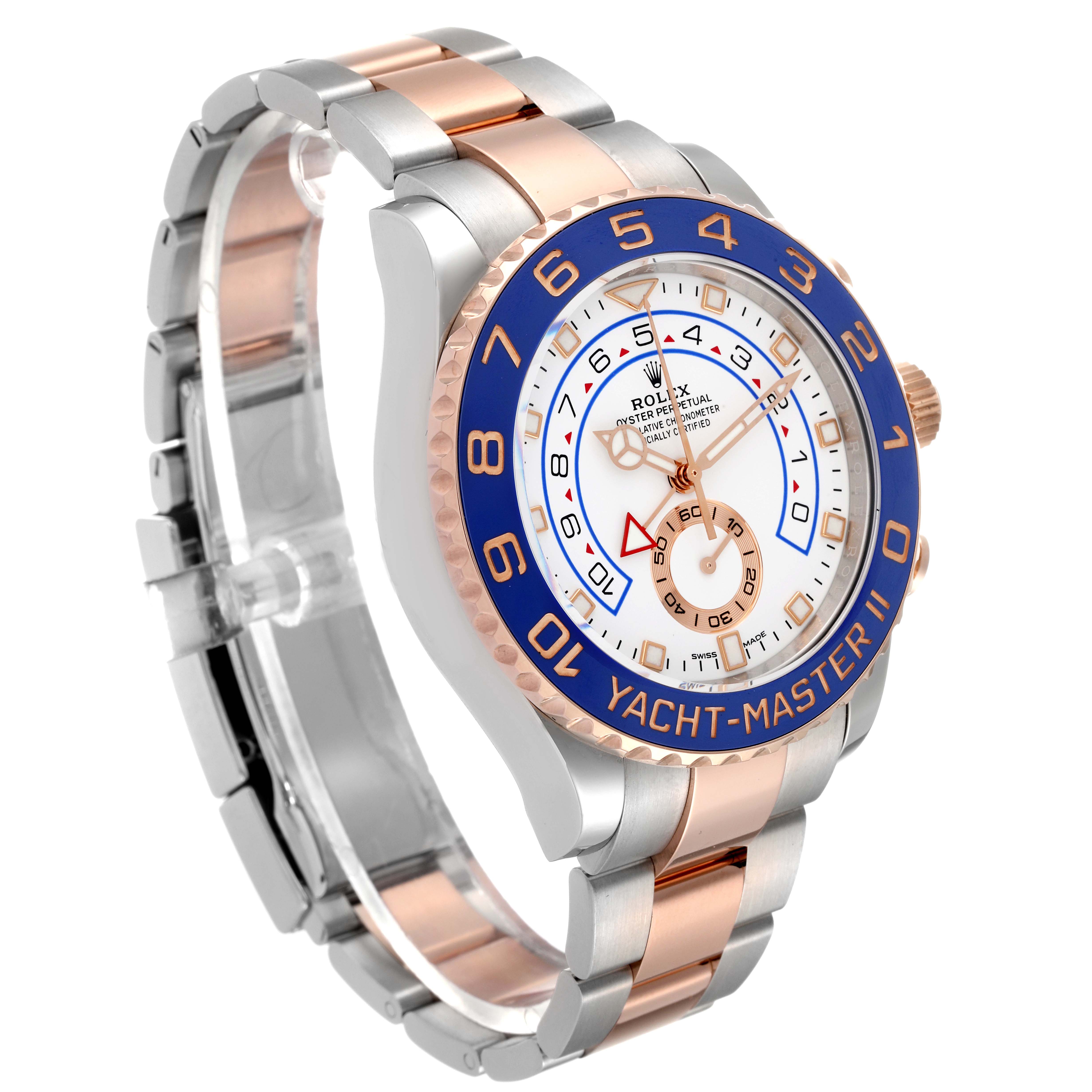 This image shows a Rolex Yacht-Master 116681 Men
s Steel and Gold (two tone) White Dial 116681 Men
s Steel and Gold (two tone) White Dial model watch from a front and slightly angled side view, highlighting its face and bracelet.