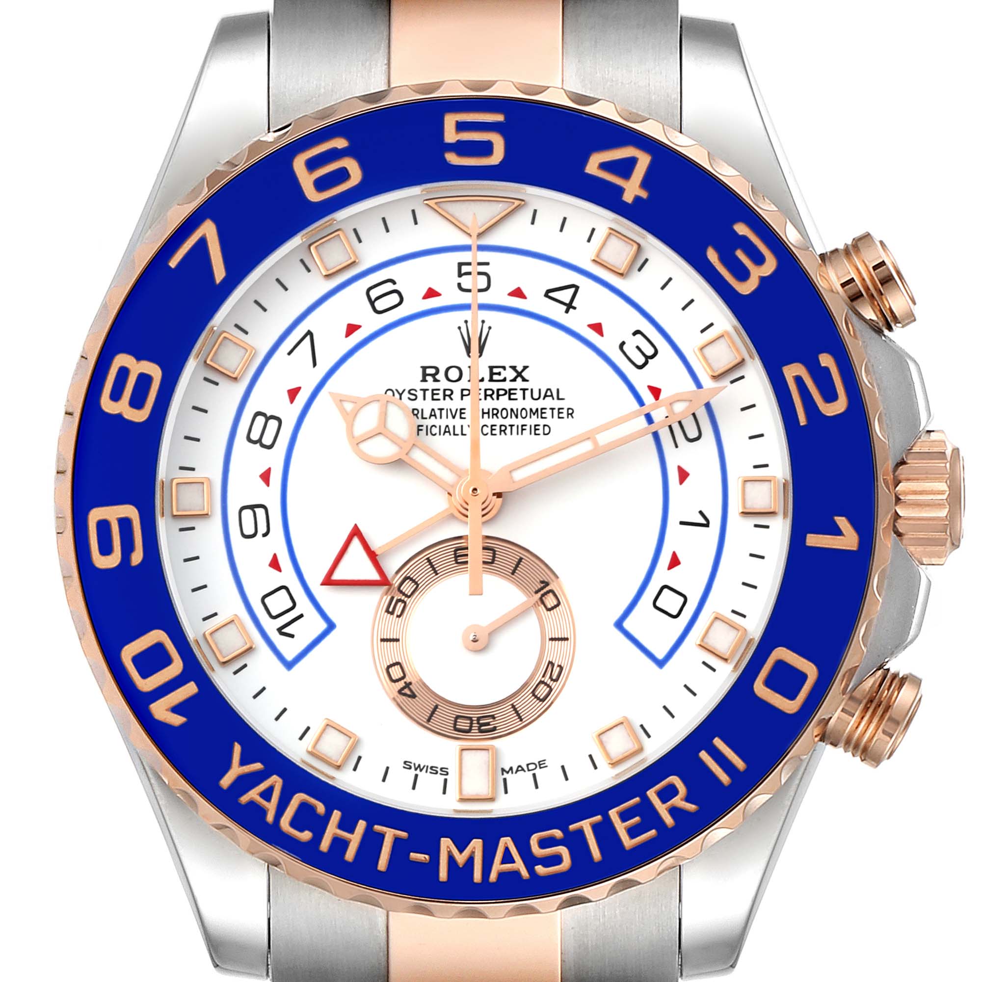 This image shows a front view of the dial and bezels of the Rolex Yacht-Master 116681 Men
s Steel and Gold (two tone) White Dial 116681 Men
s Steel and Gold (two tone) White Dial model watch.