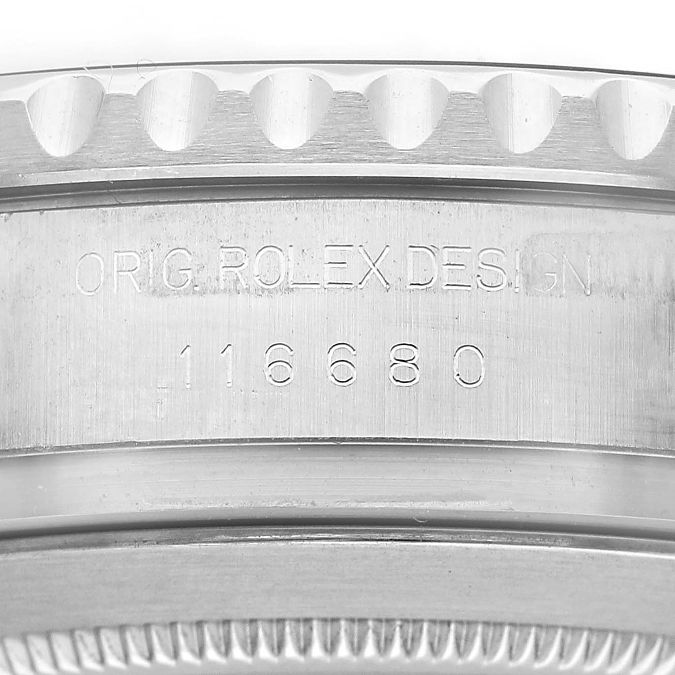 The image shows a close-up of the side of a Rolex Yacht-Master 116680 Men's Stainless Steel White Dial watch, focusing on the engraved model number and design details.