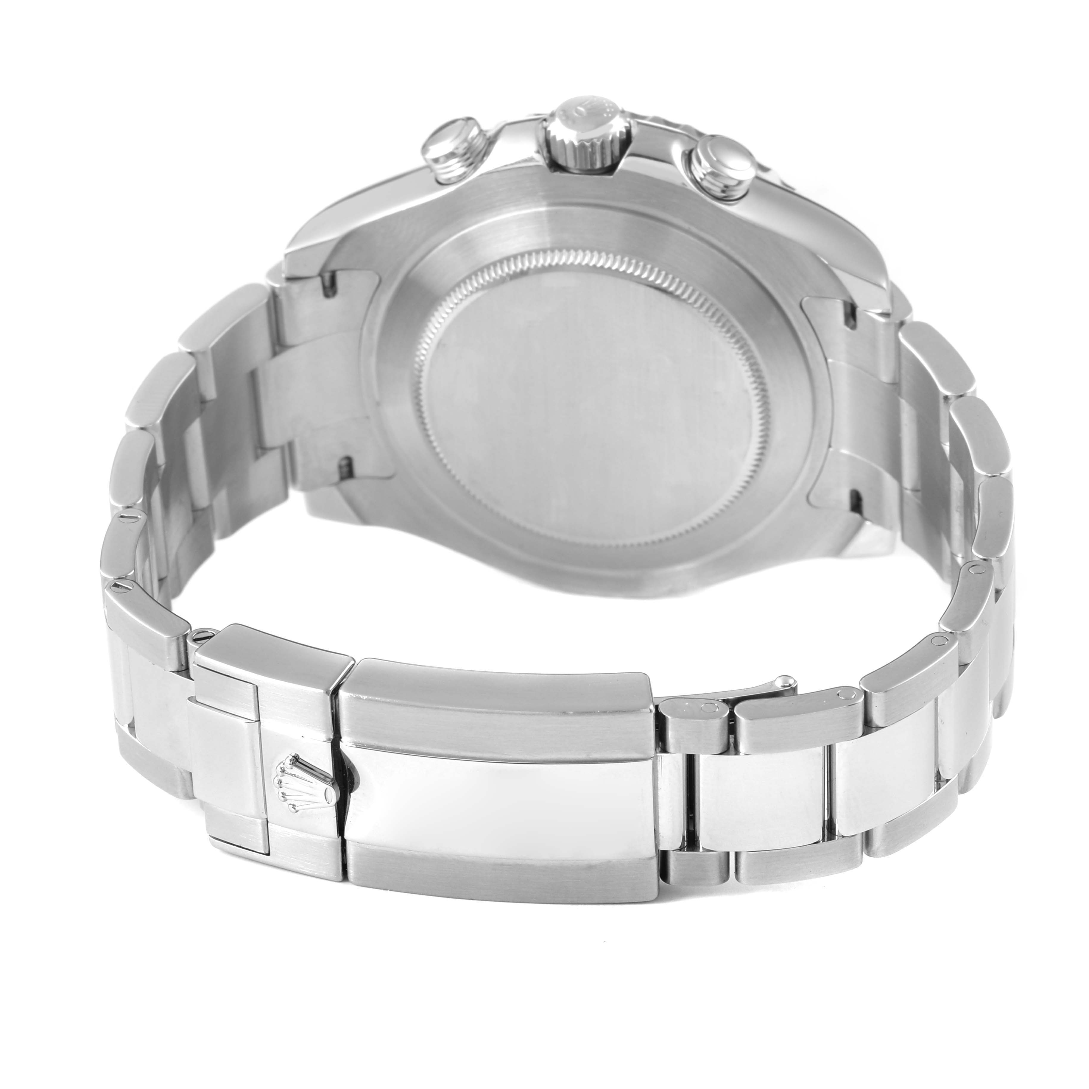 The Rolex Yacht-Master 116680 Men's Stainless Steel White Dial watch is shown from the back, highlighting the bracelet, clasp, and case back.