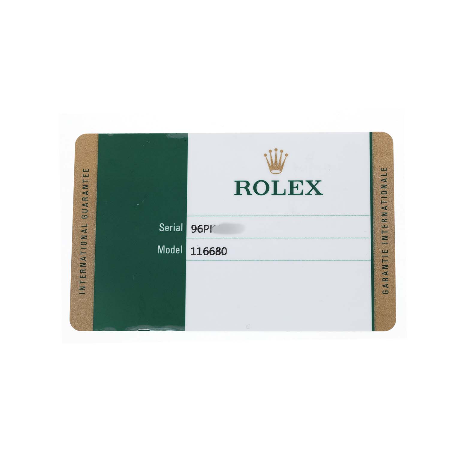 The image shows a Rolex international guarantee card for the Yacht-Master model.
