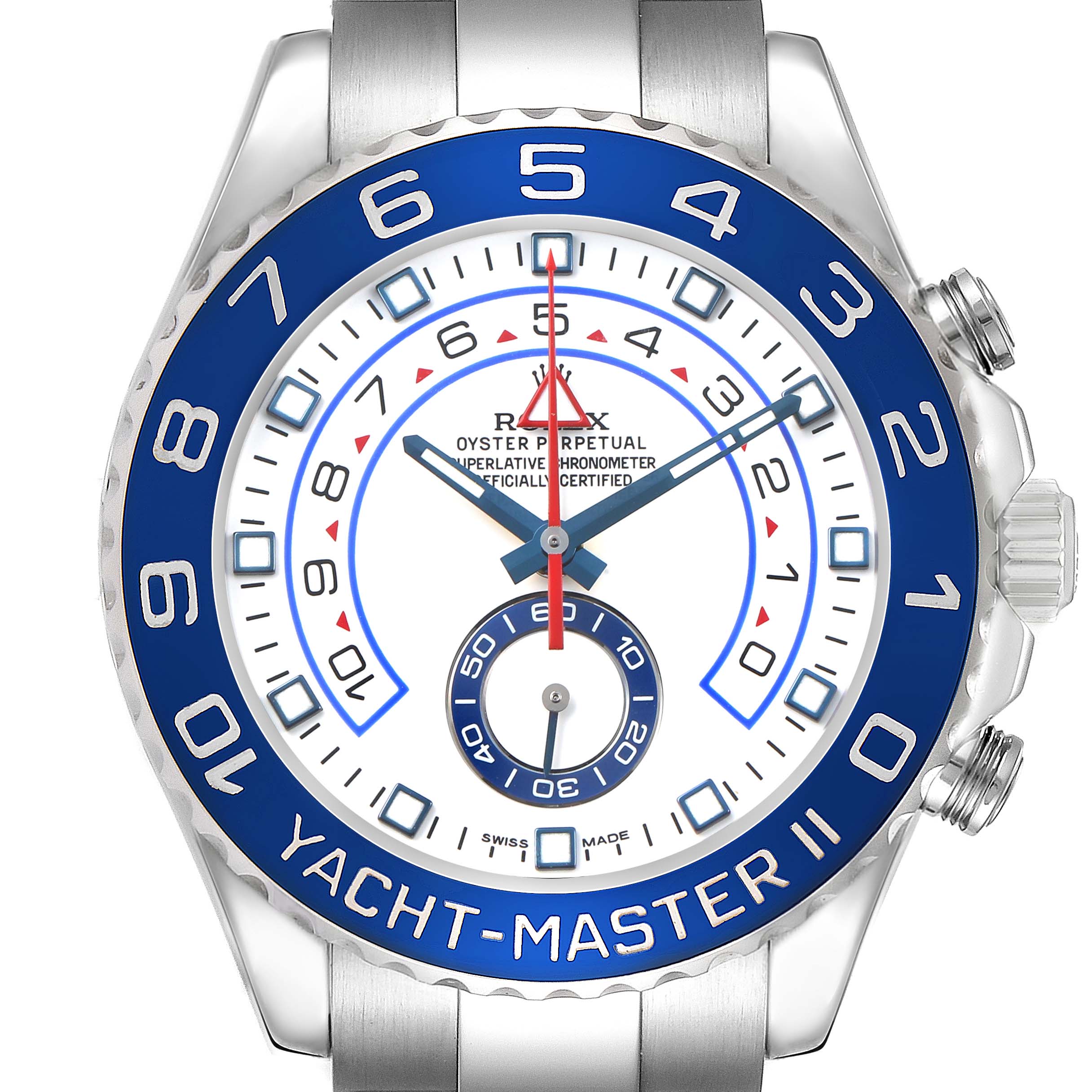The image shows a front view of the Rolex Yacht-Master 116680 Men's Stainless Steel White Dial II, highlighting the dial, bezel, and crown.