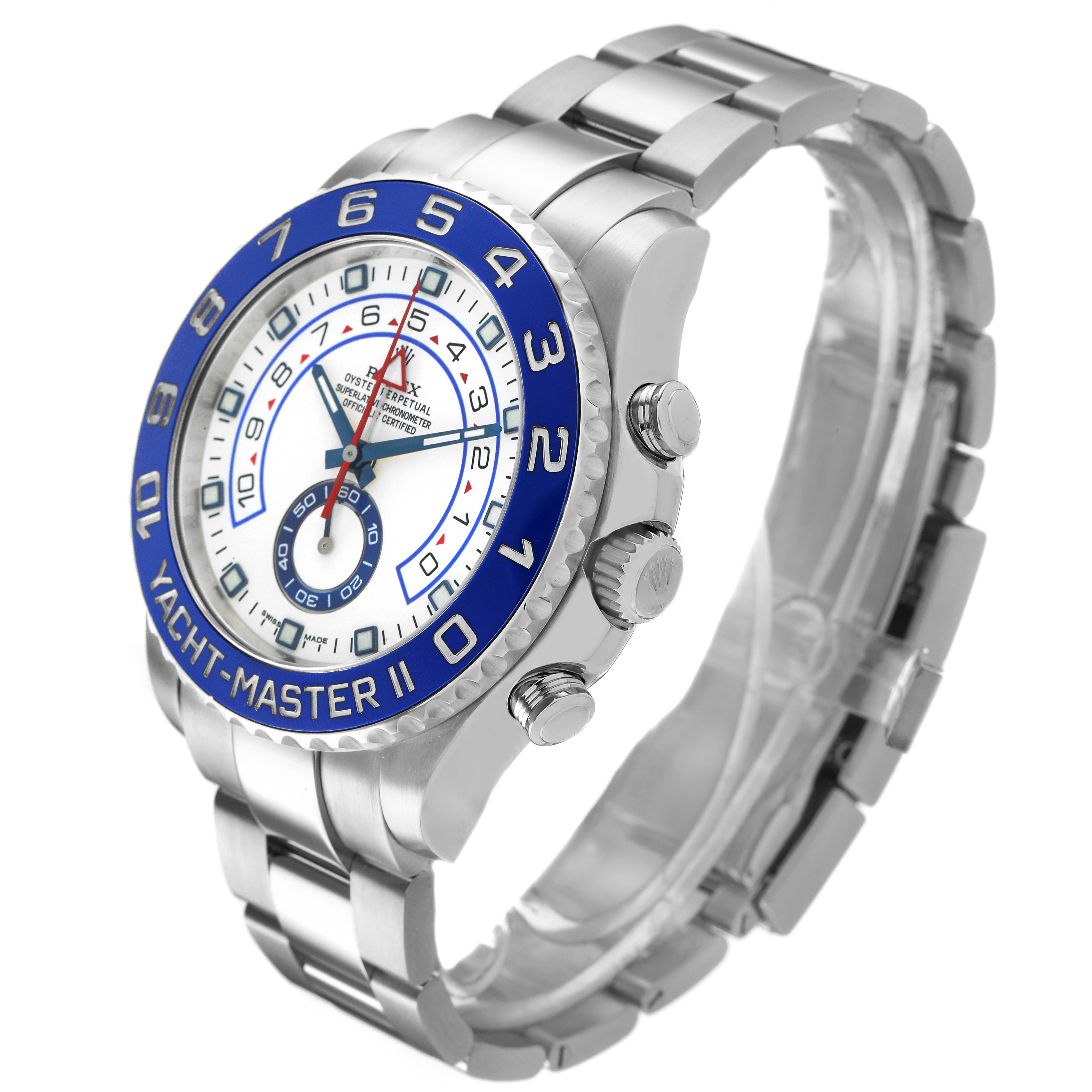 The Rolex Yacht-Master 116680 Men's Stainless Steel White Dial II watch is shown at an angled side view, highlighting the case, bezel, dial, and bracelet.