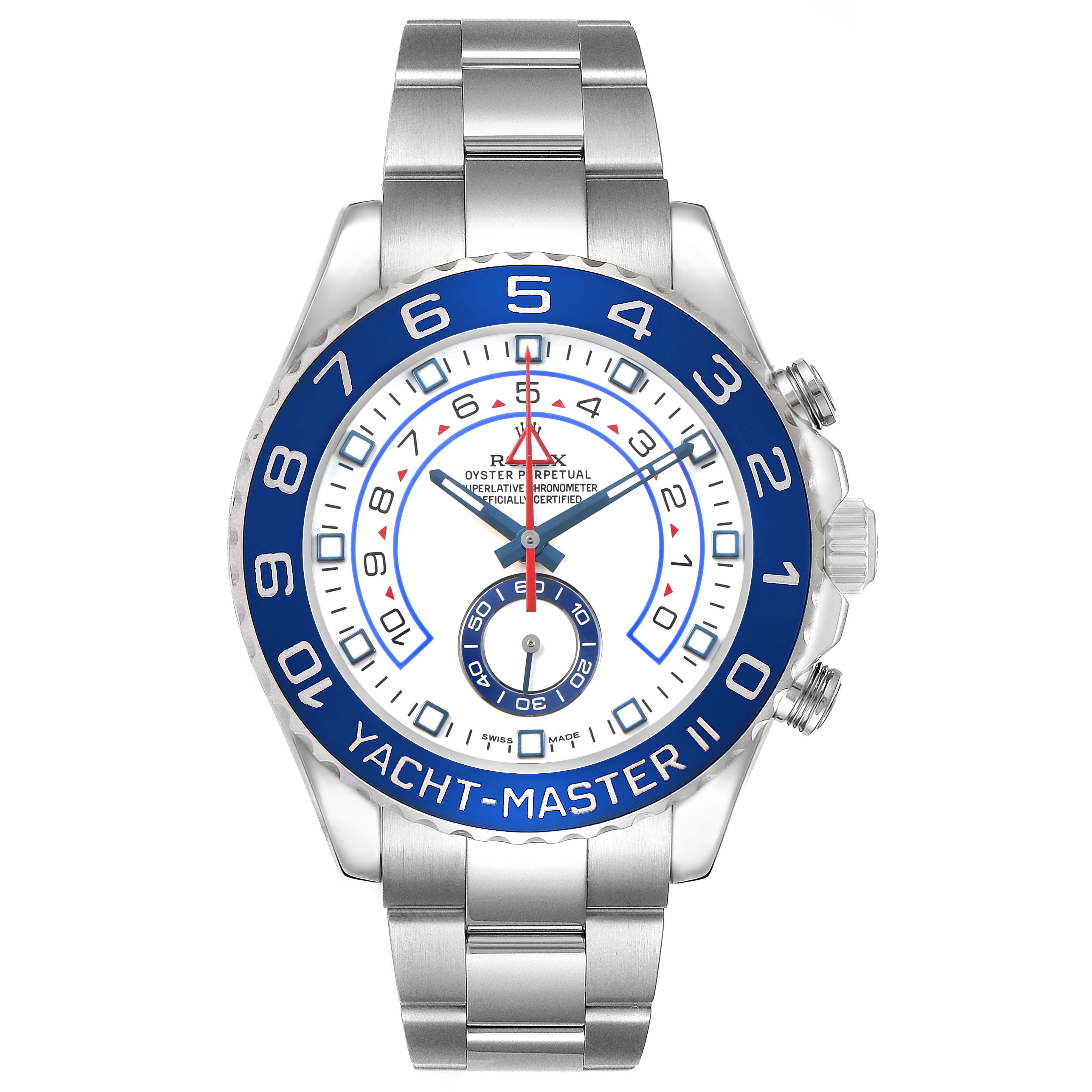 The Rolex Yacht-Master 116680 Men's Stainless Steel White Dial watch is shown from a front view, highlighting its bezel, dial, and stainless steel bracelet.