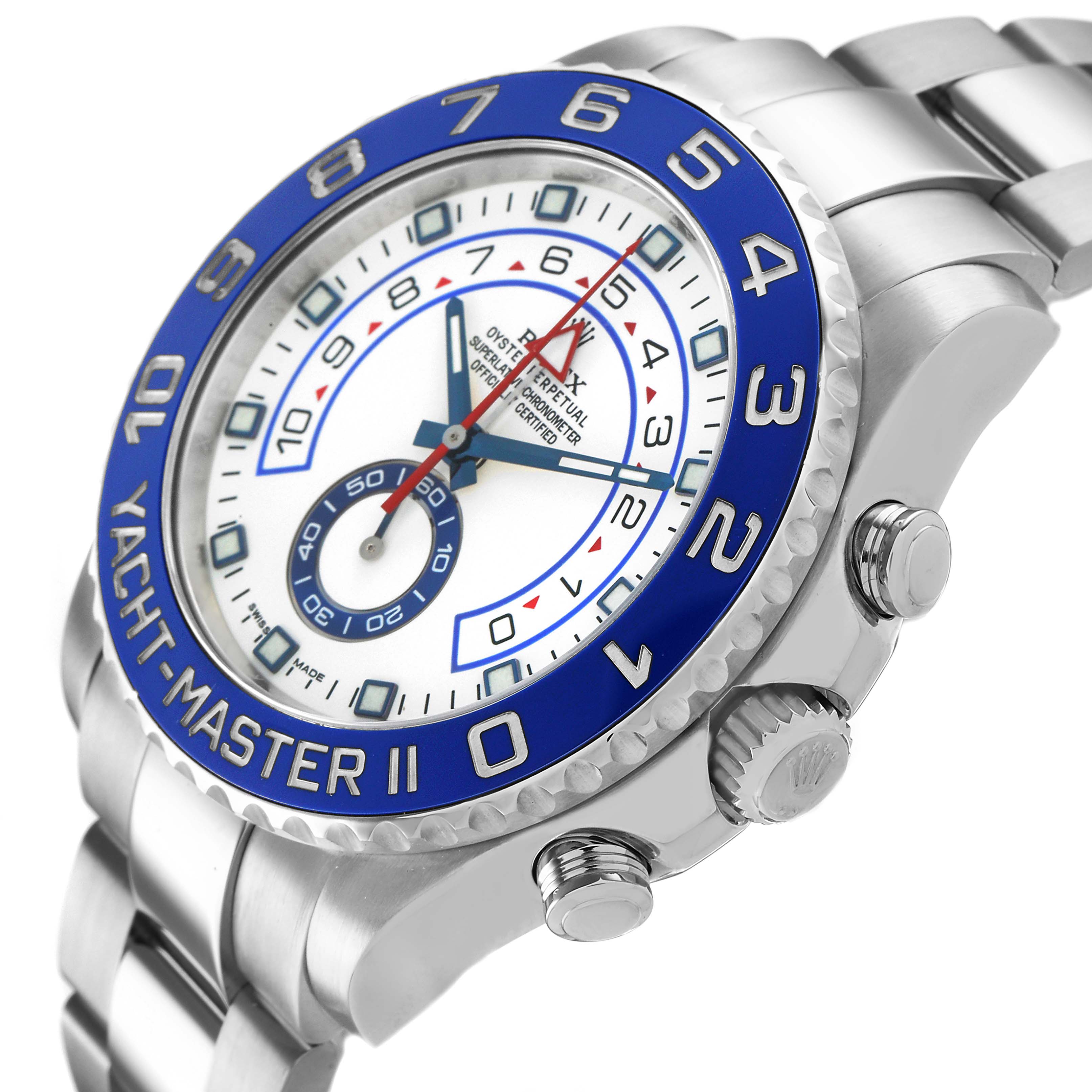 The image shows a Rolex Yacht-Master 116680 Men's Stainless Steel White Dial II at an angled side view, highlighting the bezel, crown, and bracelet.