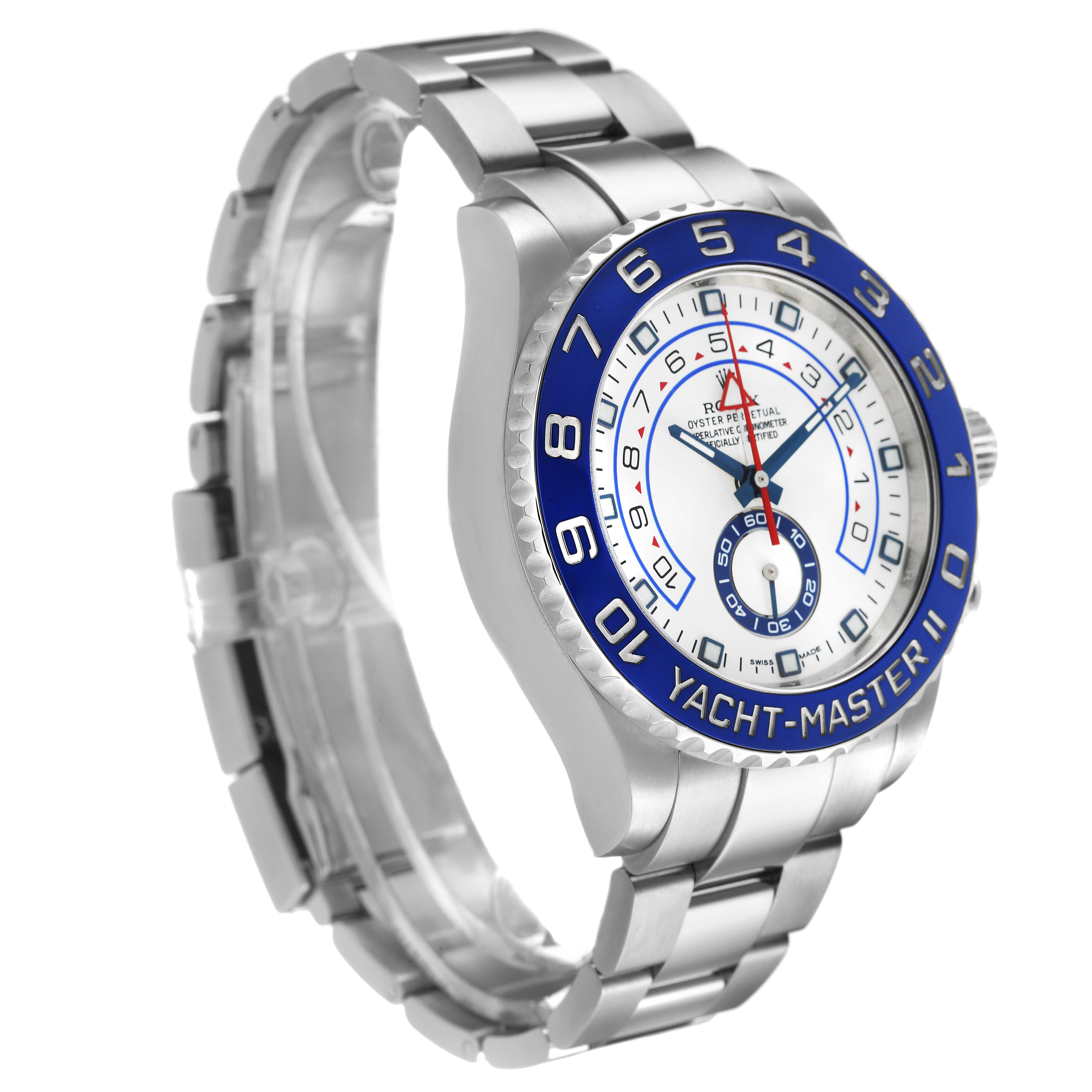The Rolex Yacht-Master 116680 Men's Stainless Steel White Dial watch is shown from a three-quarter angle, highlighting its dial, bezel, and bracelet.