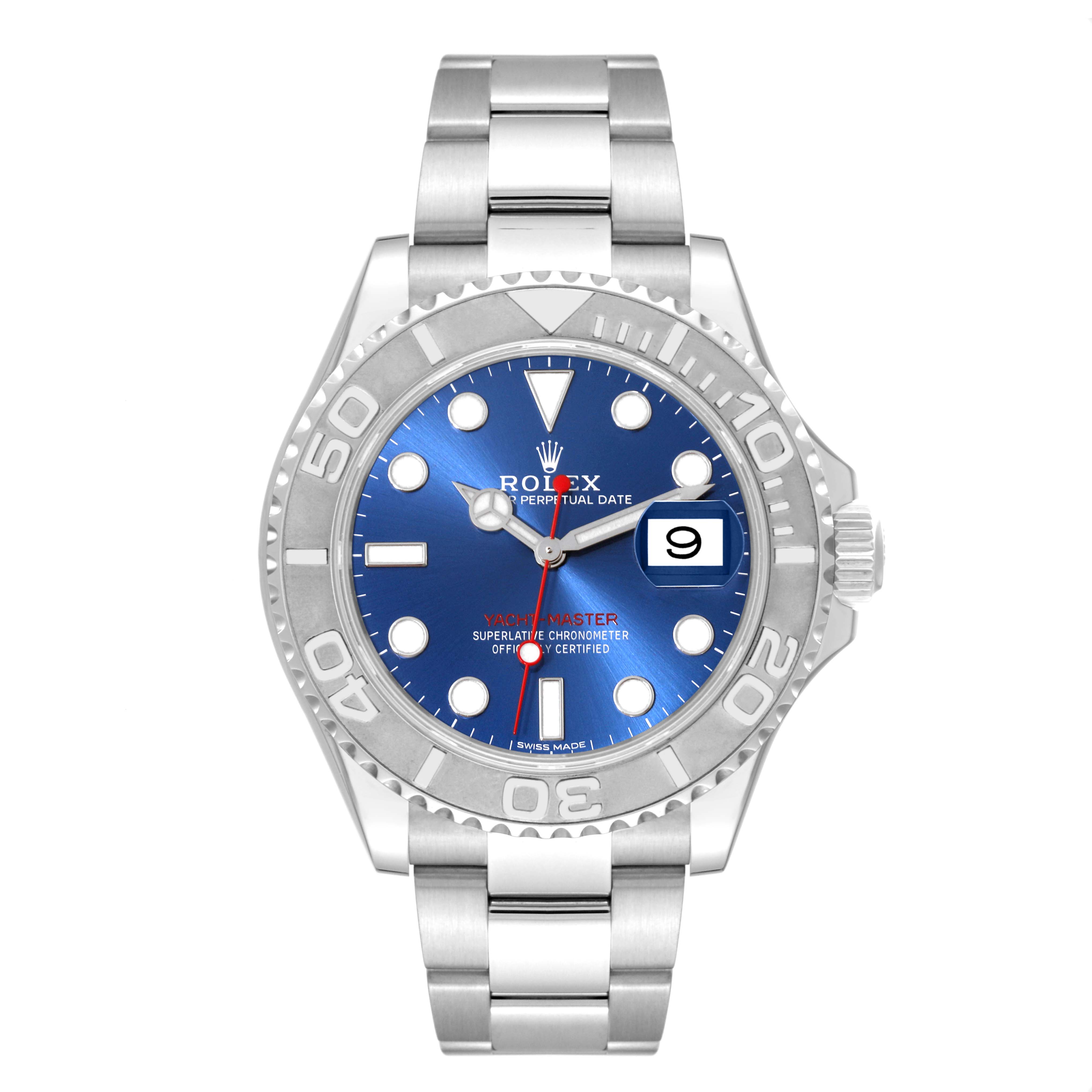 The image shows a full-frontal view of the Rolex Yacht-Master 116622 Men's Stainless Steel Blue Dial 116622 Men's Stainless Steel Blue Dial watch, highlighting the dial, bezel, bracelet, and crown.